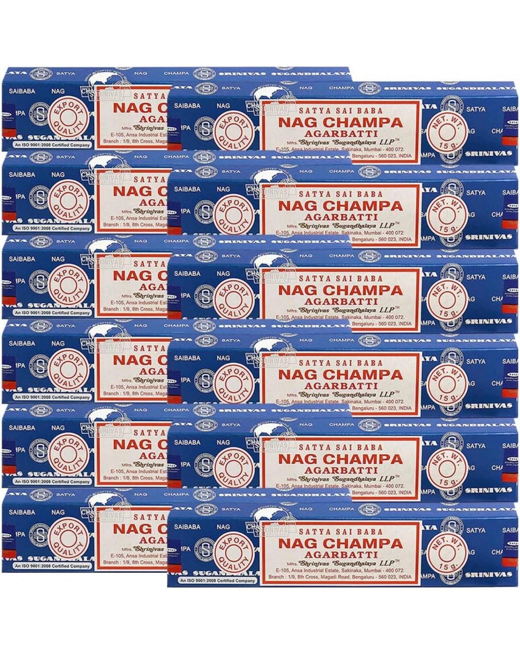 Satya Nag Champa  180 grams. 12 boxes x 15 g per box. Premium Handrolled Incense sticks.