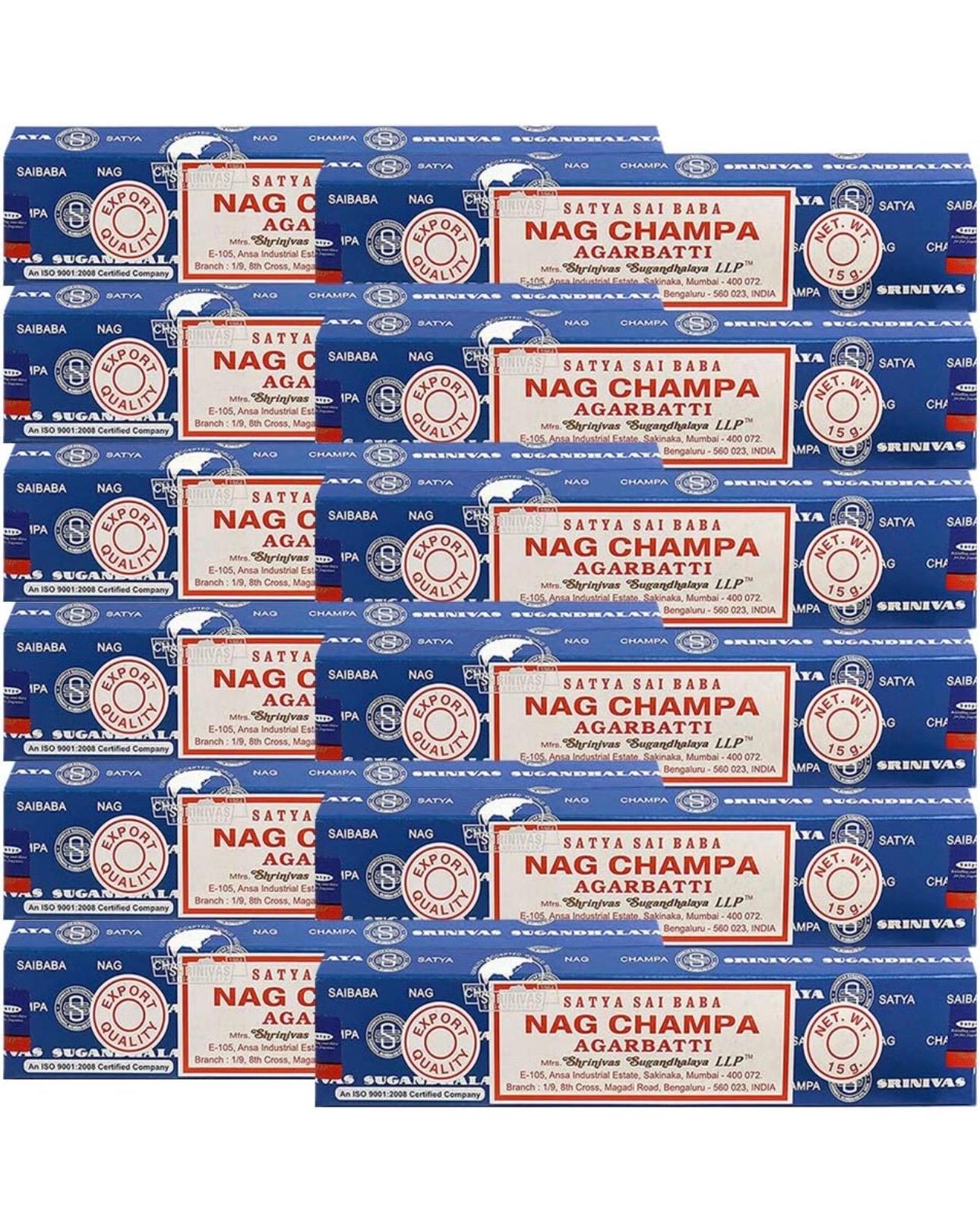 Satya Nag Champa  180 grams. 12 boxes x 15 g per box. Premium Handrolled Incense sticks.