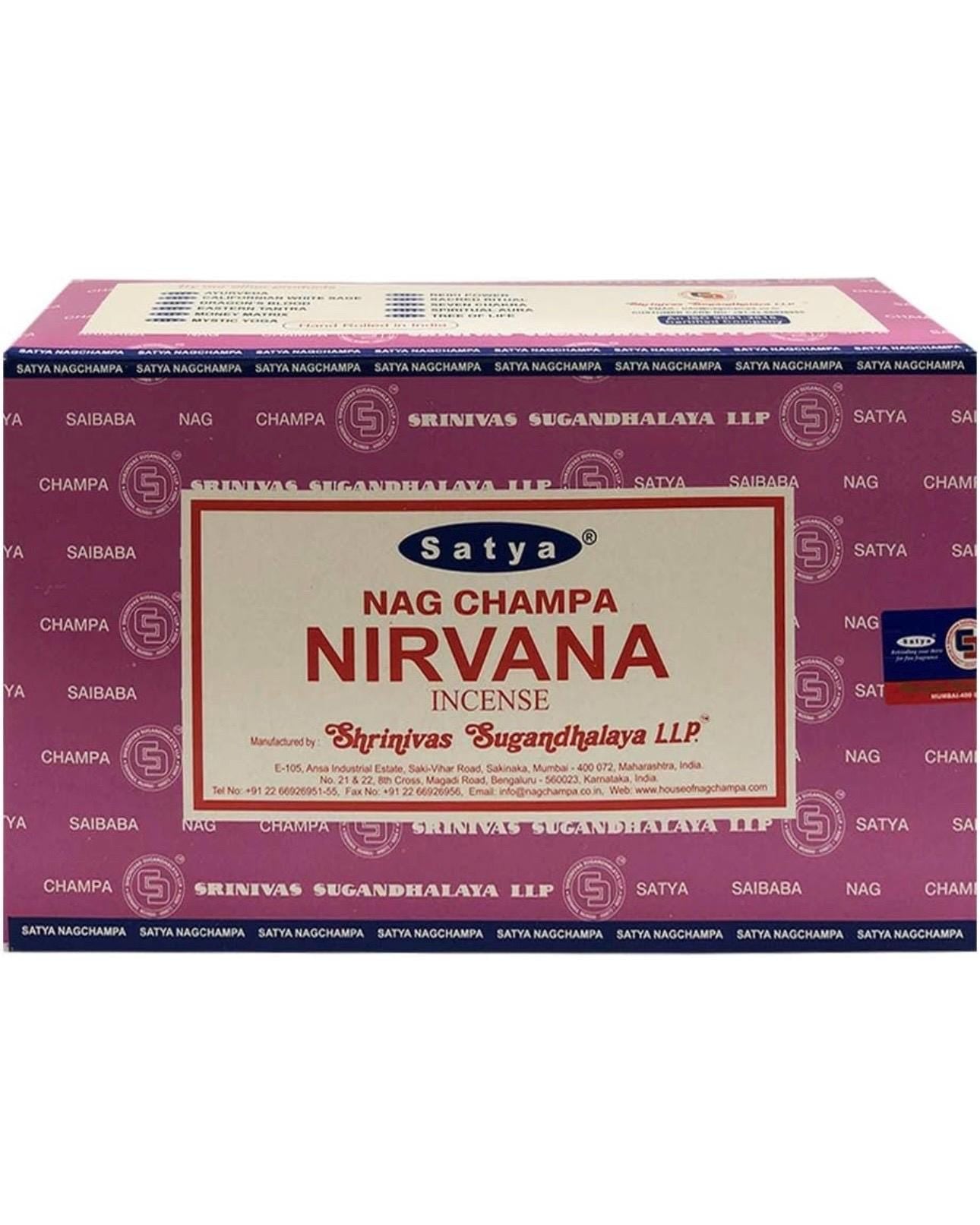Satya Nag Champa Nirvana 180 grams. 12 boxes x 15 g per box. Premium Handrolled Incense sticks.
