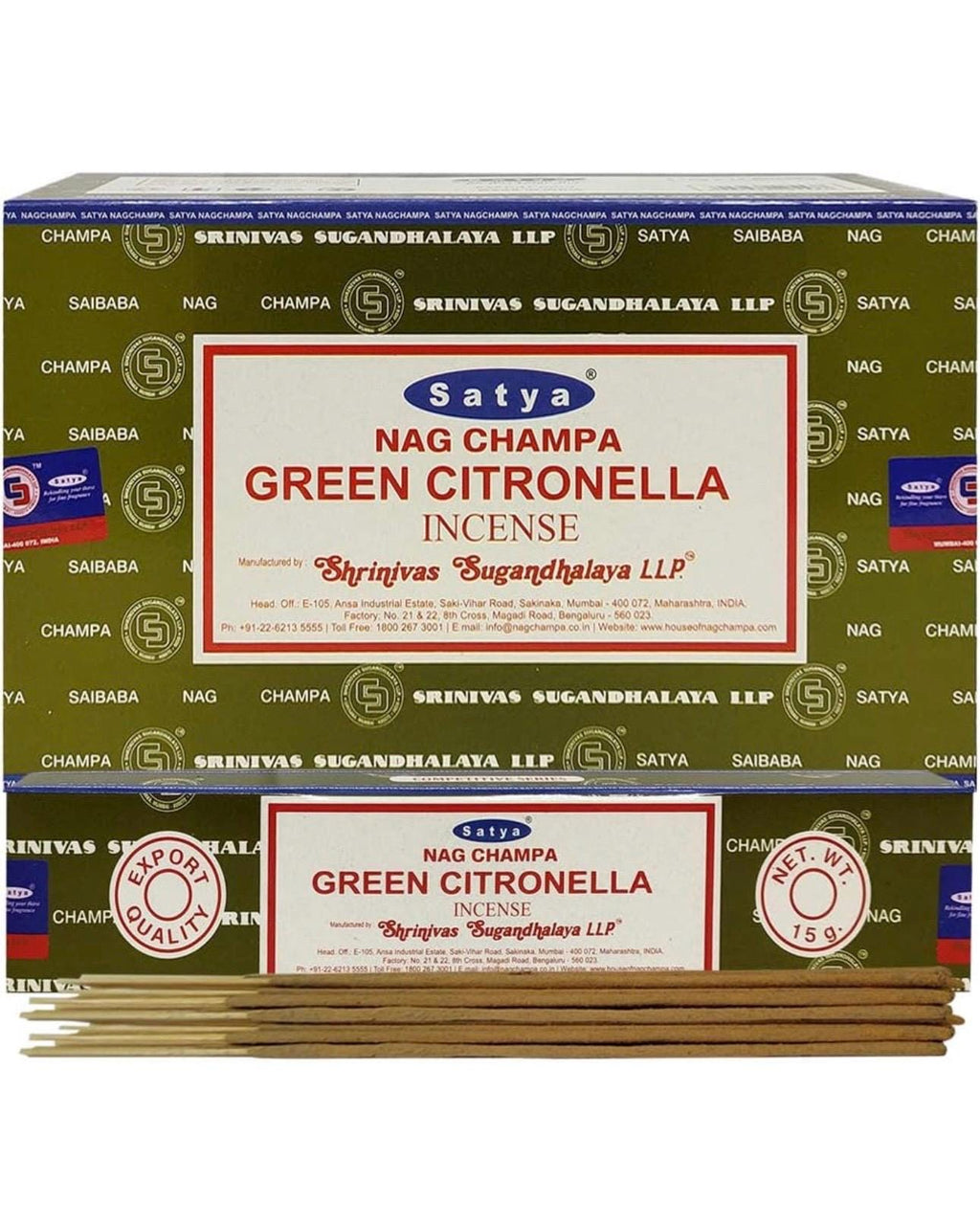 Satya Nag Champa Green Citronella 180 grams. 12 boxes x 15 g per box. Premium Handrolled Incense sticks.