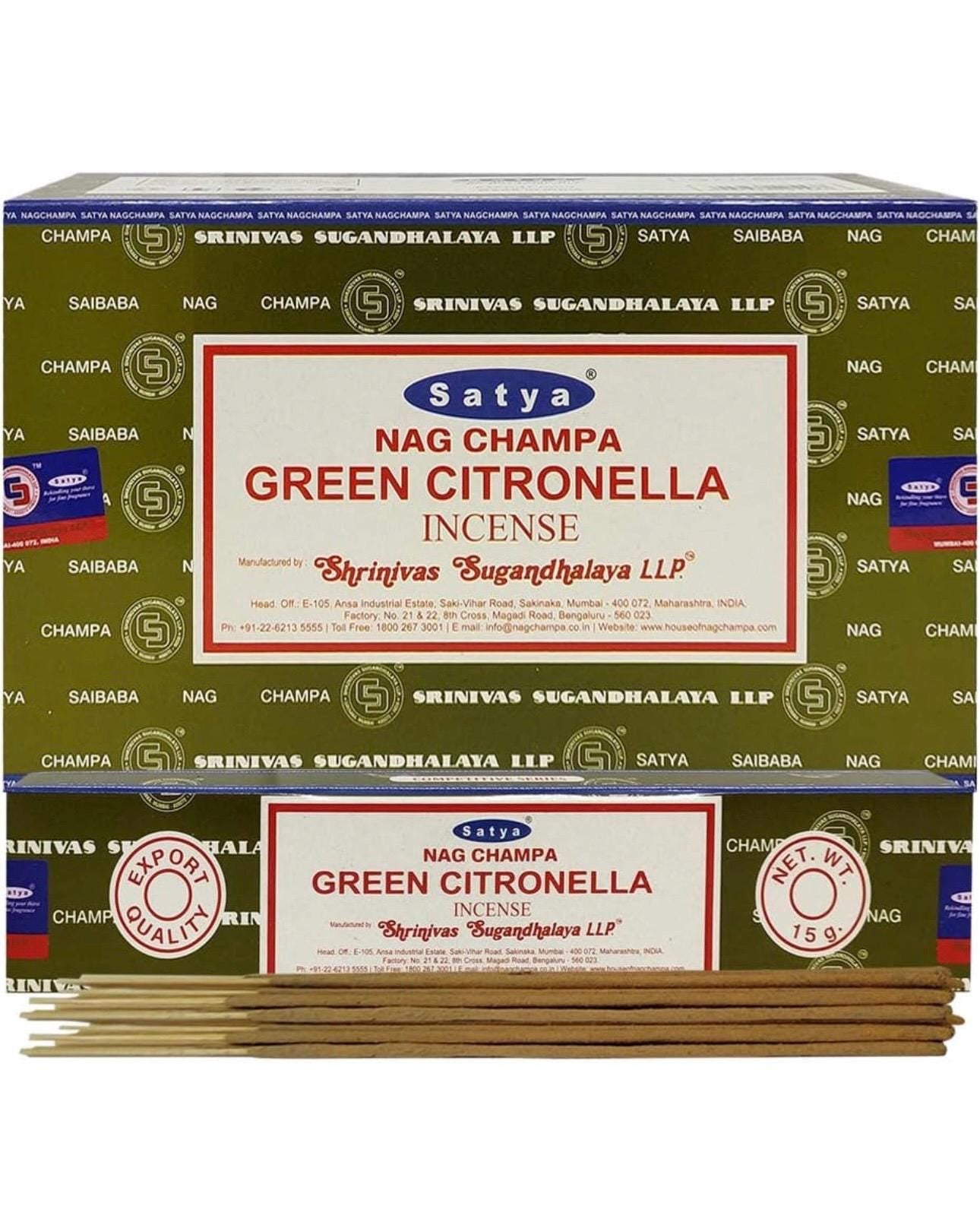Satya Nag Champa Green Citronella 180 grams. 12 boxes x 15 g per box. Premium Handrolled Incense sticks.
