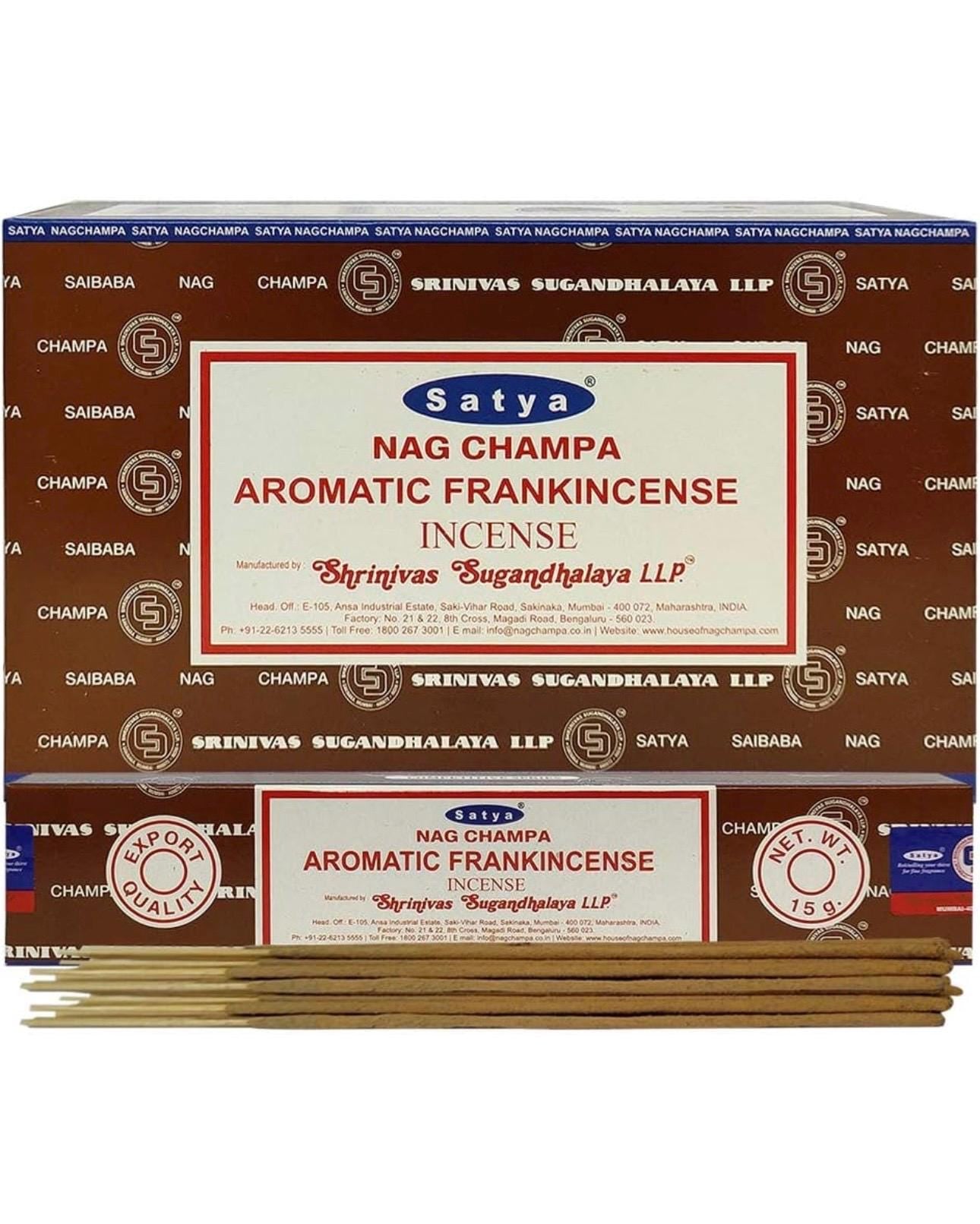 Satya Nag Champa Aromatic Frankincense 180 grams. 12 boxes x 15 g per box. Premium Handrolled Incense sticks.