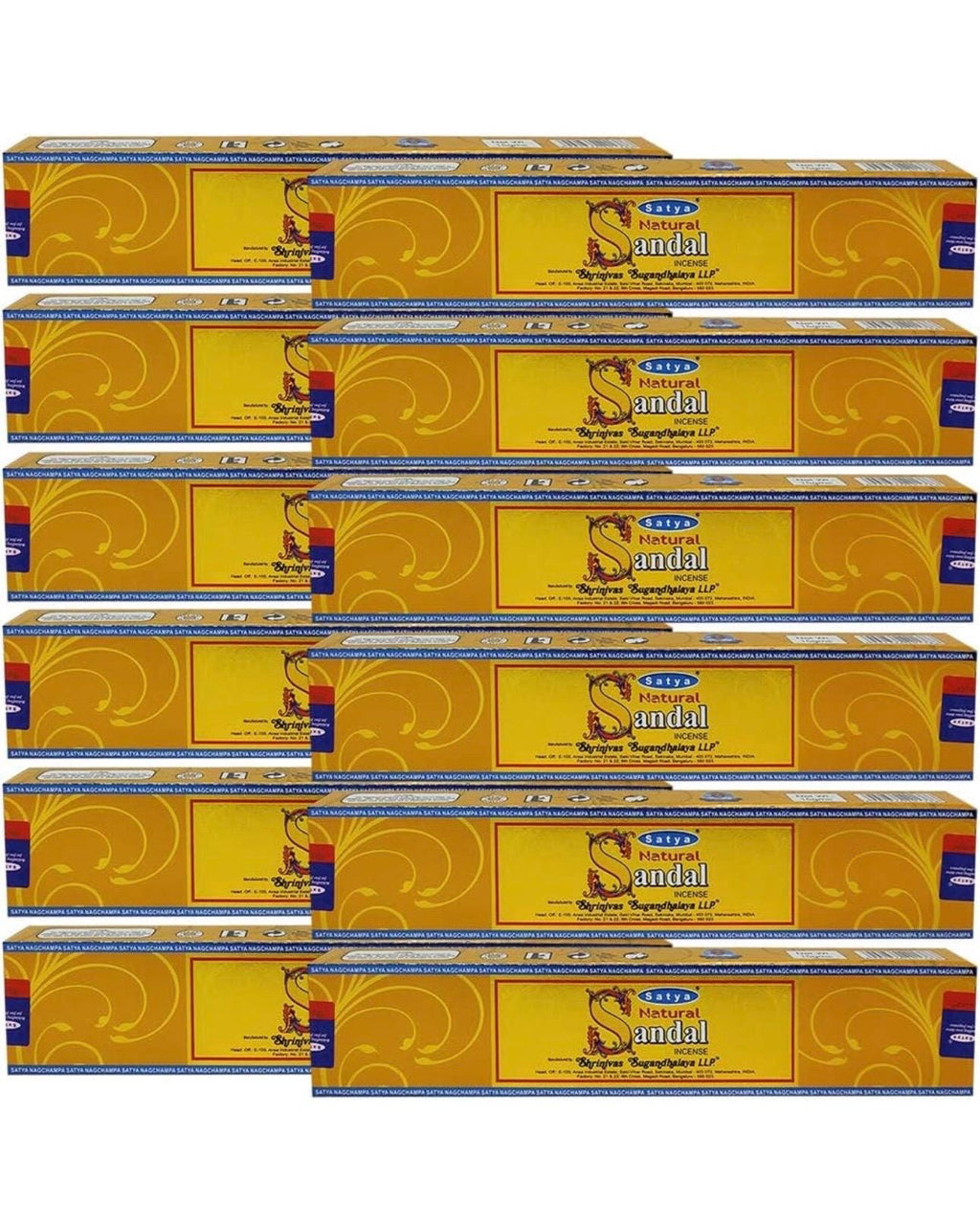 Satya Nag Champa Natural Sandal 180 grams. 12 boxes x 15 g per box. Premium Handrolled Incense sticks.