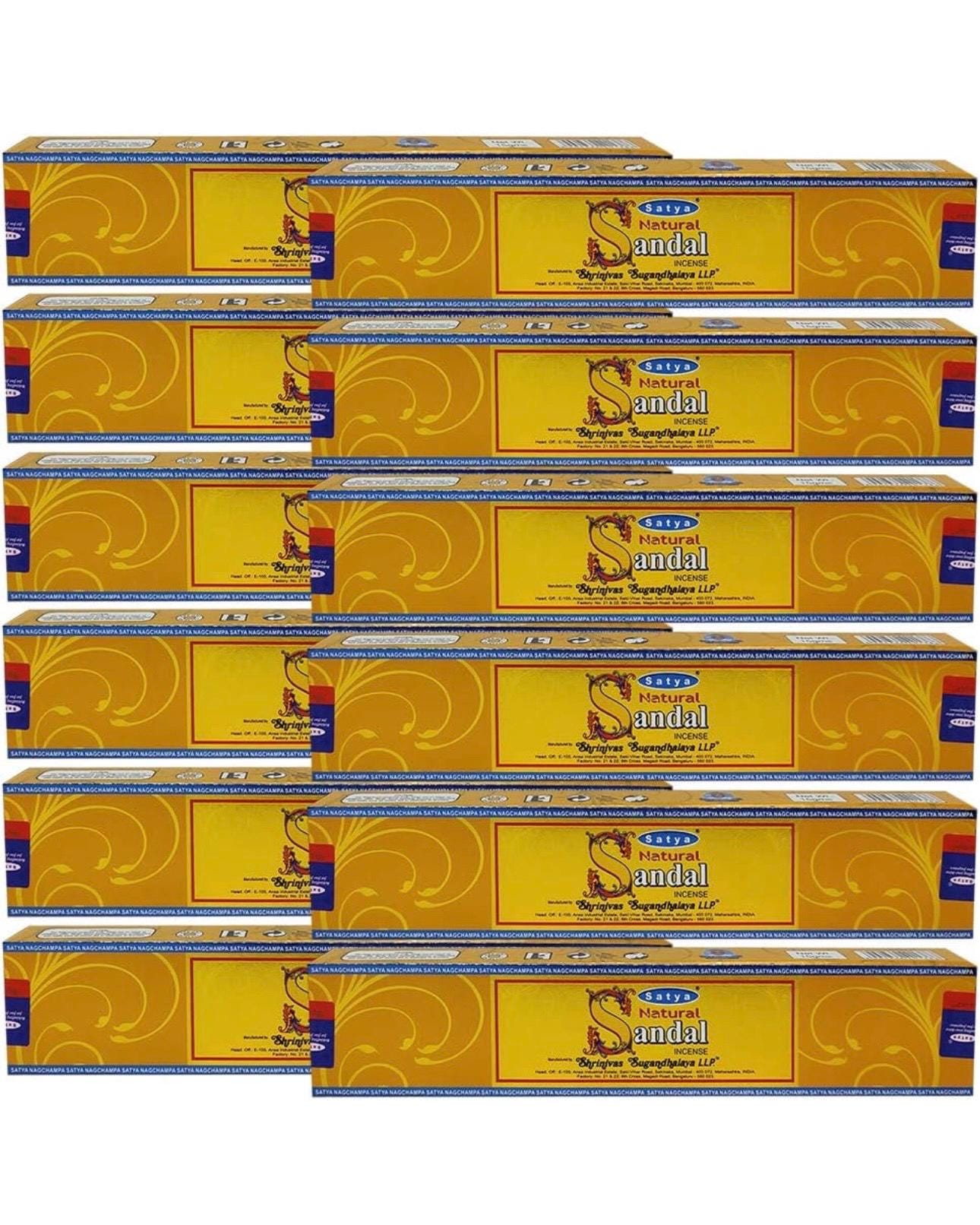 Satya Nag Champa Natural Sandal 180 grams. 12 boxes x 15 g per box. Premium Handrolled Incense sticks.