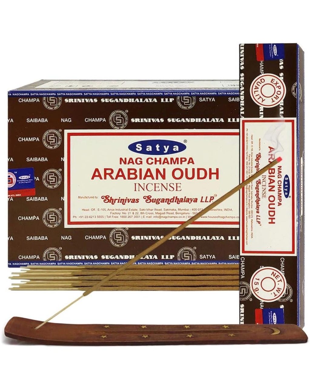 Satya Nag Champa Arabian Oudh 180 grams. 12 boxes x 15 g per box. Premium Handrolled Incense sticks.