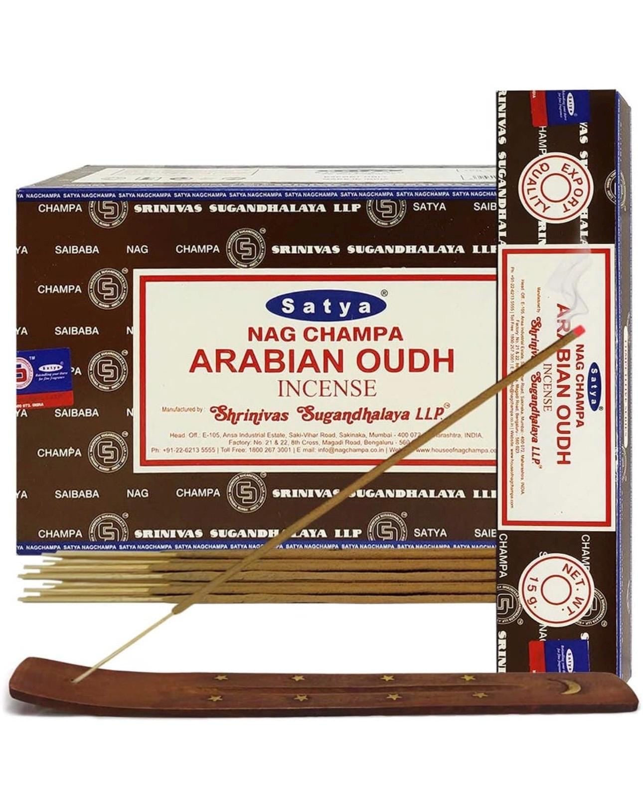 Satya Nag Champa Arabian Oudh 180 grams. 12 boxes x 15 g per box. Premium Handrolled Incense sticks.