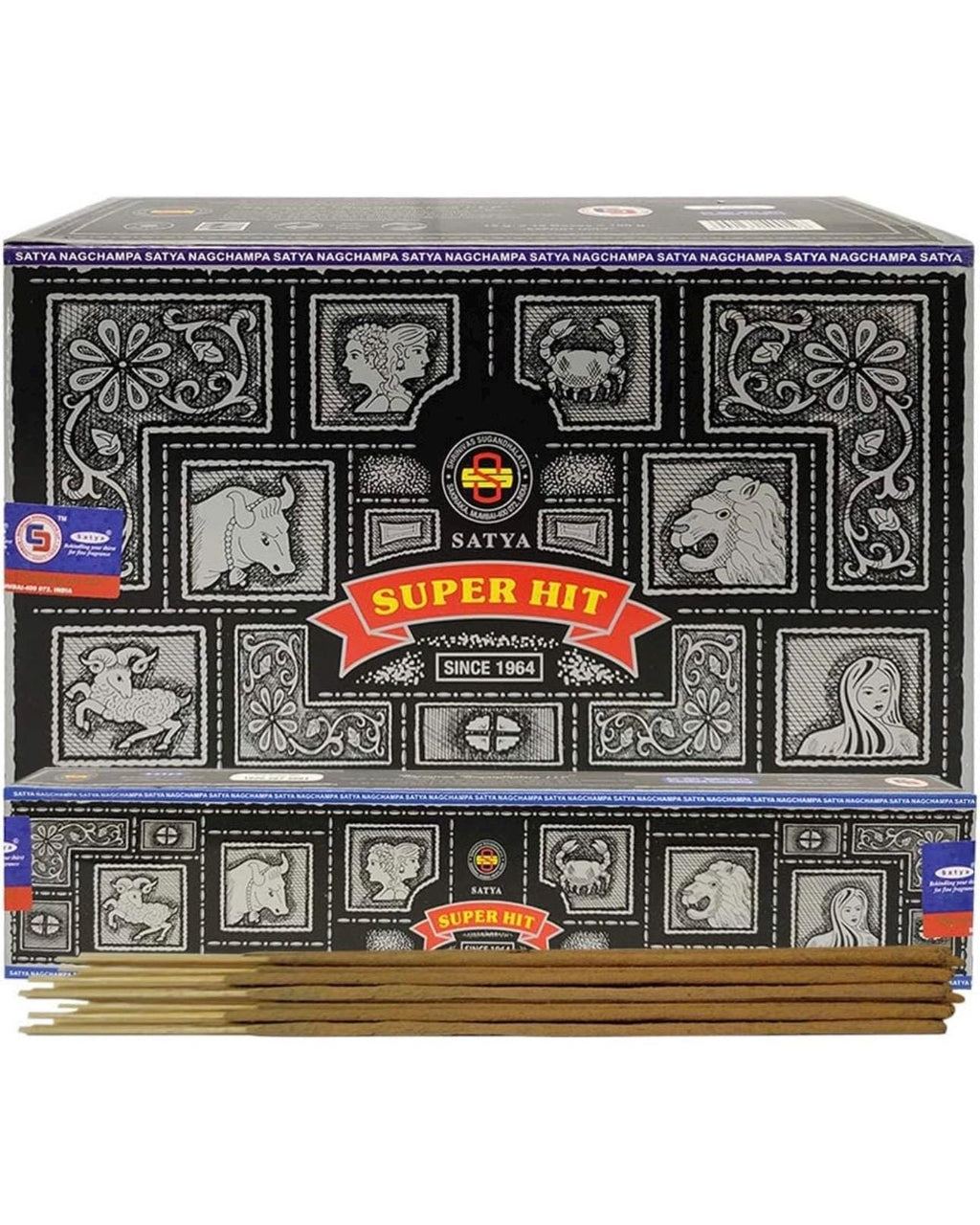 Satya Nag Champa Super Hit 180 grams. 12 boxes x 15 g per box. Premium Handmade Incense sticks.
