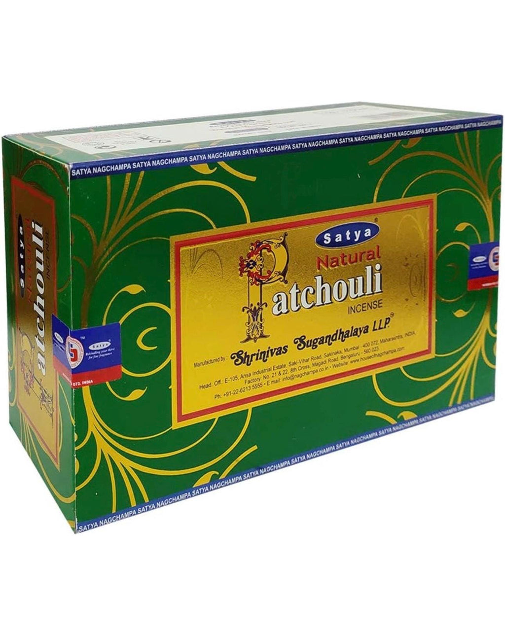 Satya Nag Champa Natural Patchouli 180 grams. 12 boxes x 15 g per box. Premium Handrolled Incense sticks.