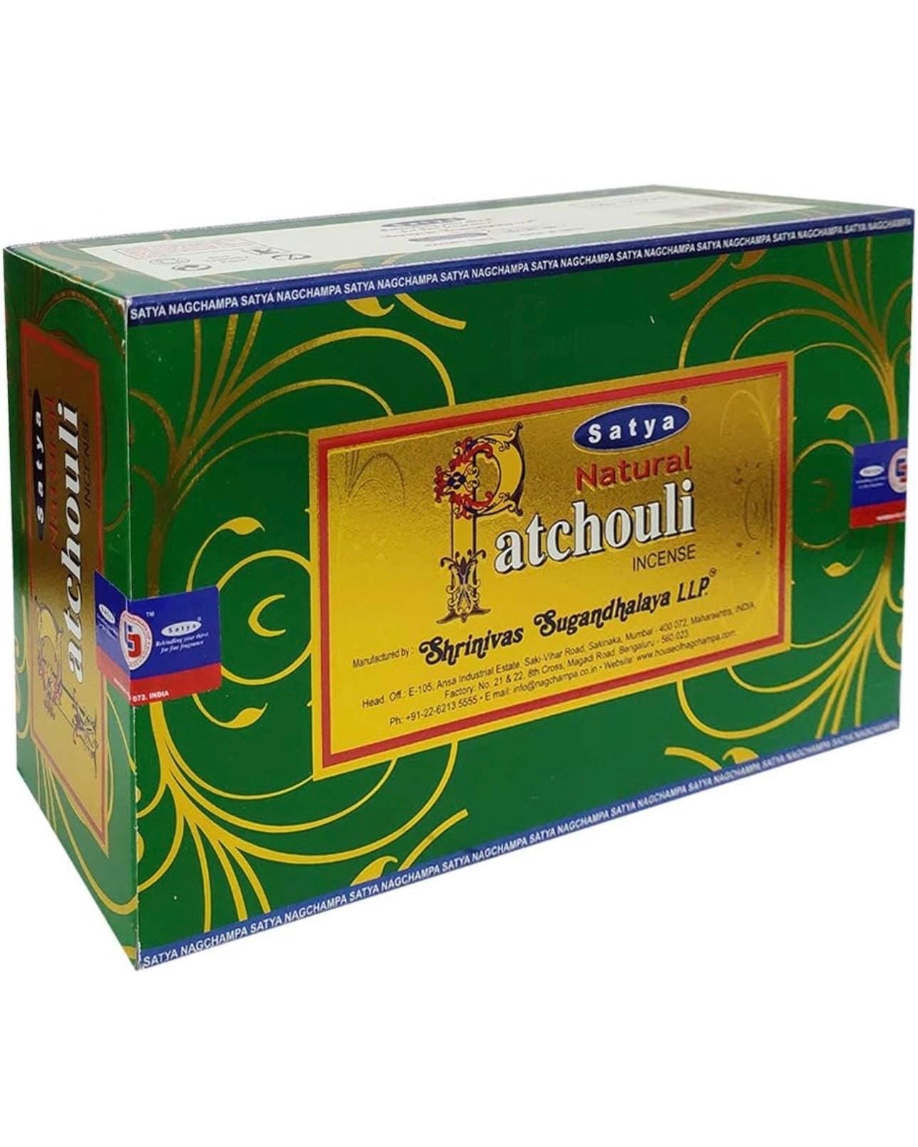 Satya Nag Champa Natural Patchouli 180 grams. 12 boxes x 15 g per box. Premium Handrolled Incense sticks.