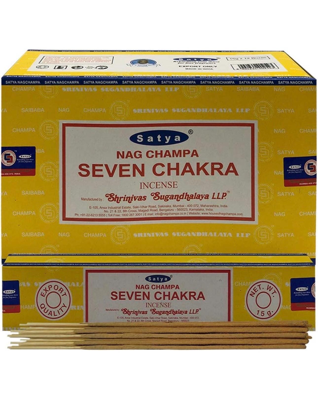 Satya Nag Champa Seven Chakra 180 grams. 12 boxes x 15 g per box. Premium Handrolled Incense sticks.