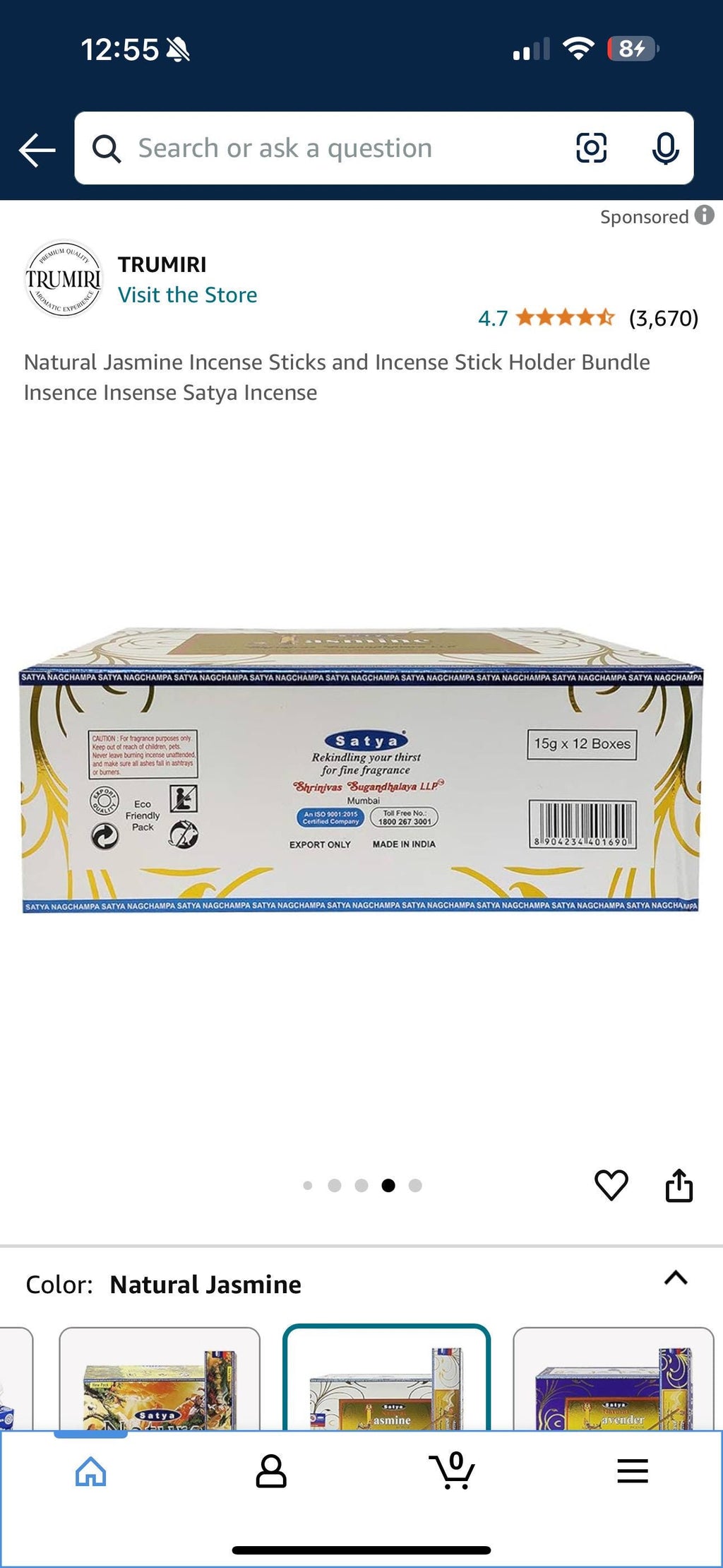Satya Nag Champa Natural Jasmine 180 grams. 12 boxes x 15 g per box. Premium Handrolled Incense sticks.