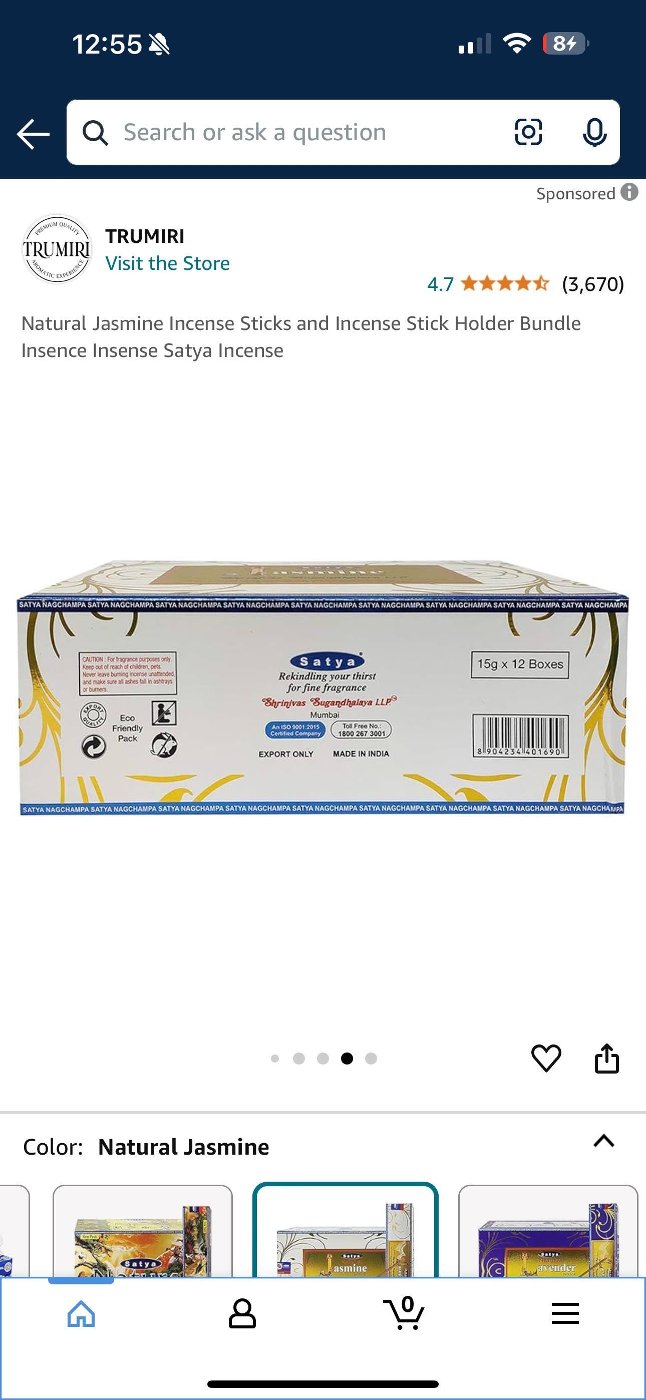 Satya Nag Champa Natural Jasmine 180 grams. 12 boxes x 15 g per box. Premium Handrolled Incense sticks.