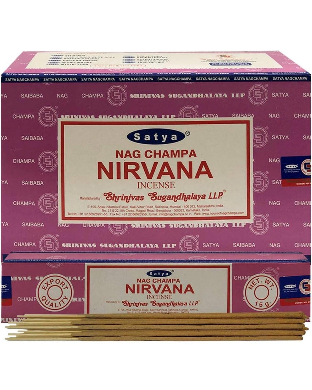 Satya Nag Champa Nirvana 180 grams. 12 boxes x 15 g per box. Premium Handrolled Incense sticks.