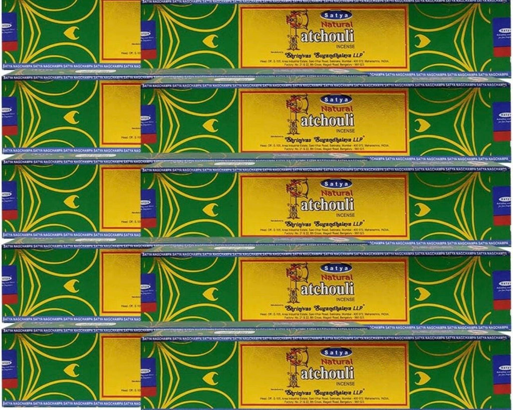 Satya Nag Champa Natural Patchouli 180 grams. 12 boxes x 15 g per box. Premium Handrolled Incense sticks.