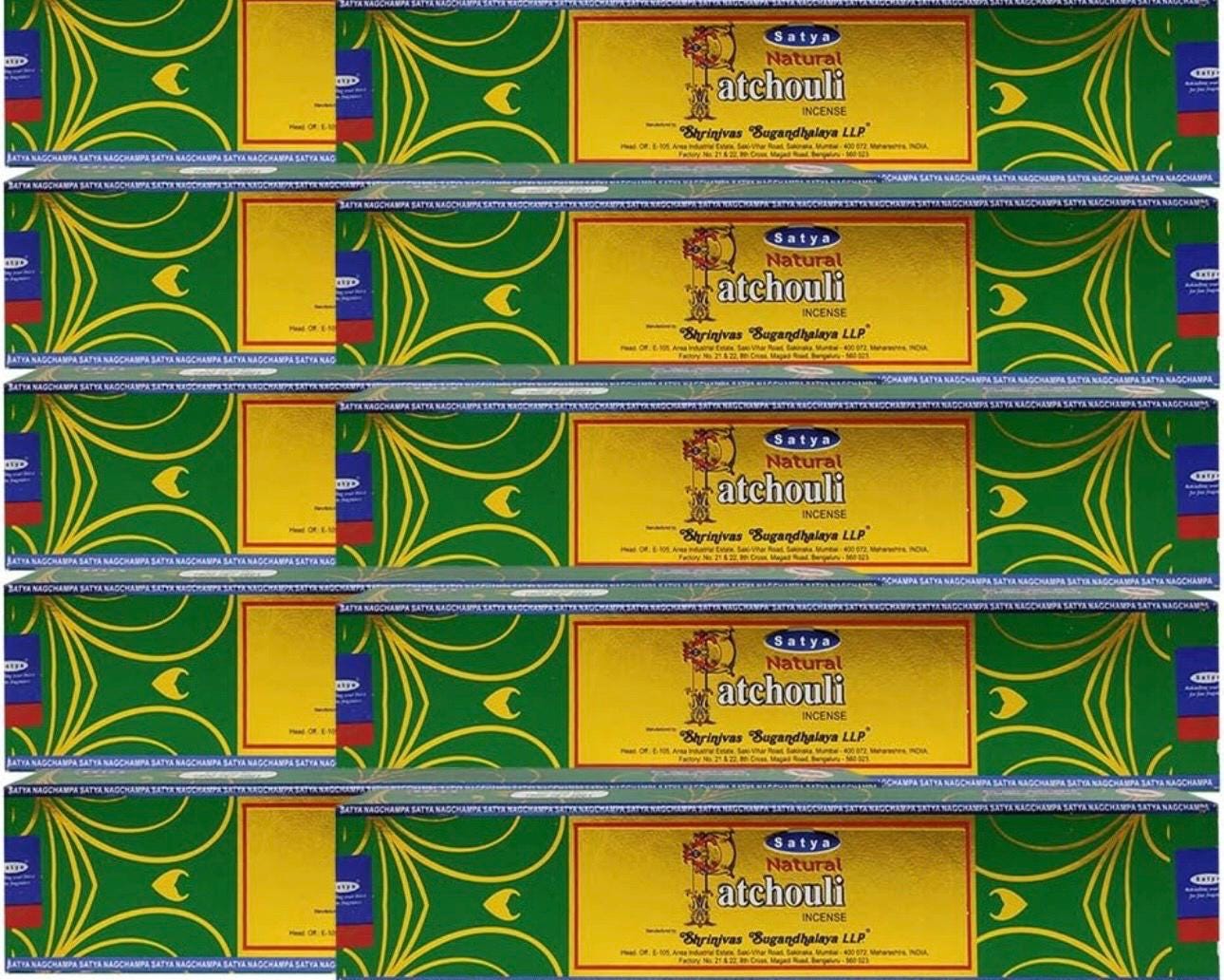Satya Nag Champa Natural Patchouli 180 grams. 12 boxes x 15 g per box. Premium Handrolled Incense sticks.