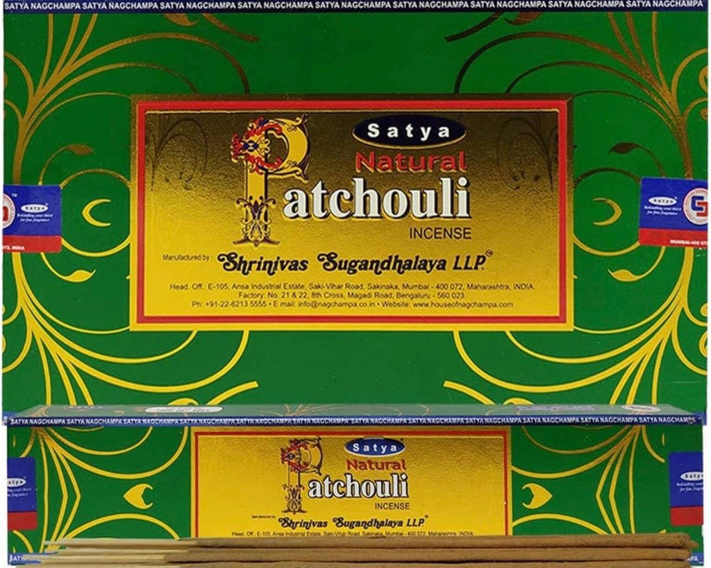 Satya Nag Champa Natural Patchouli 180 grams. 12 boxes x 15 g per box. Premium Handrolled Incense sticks.