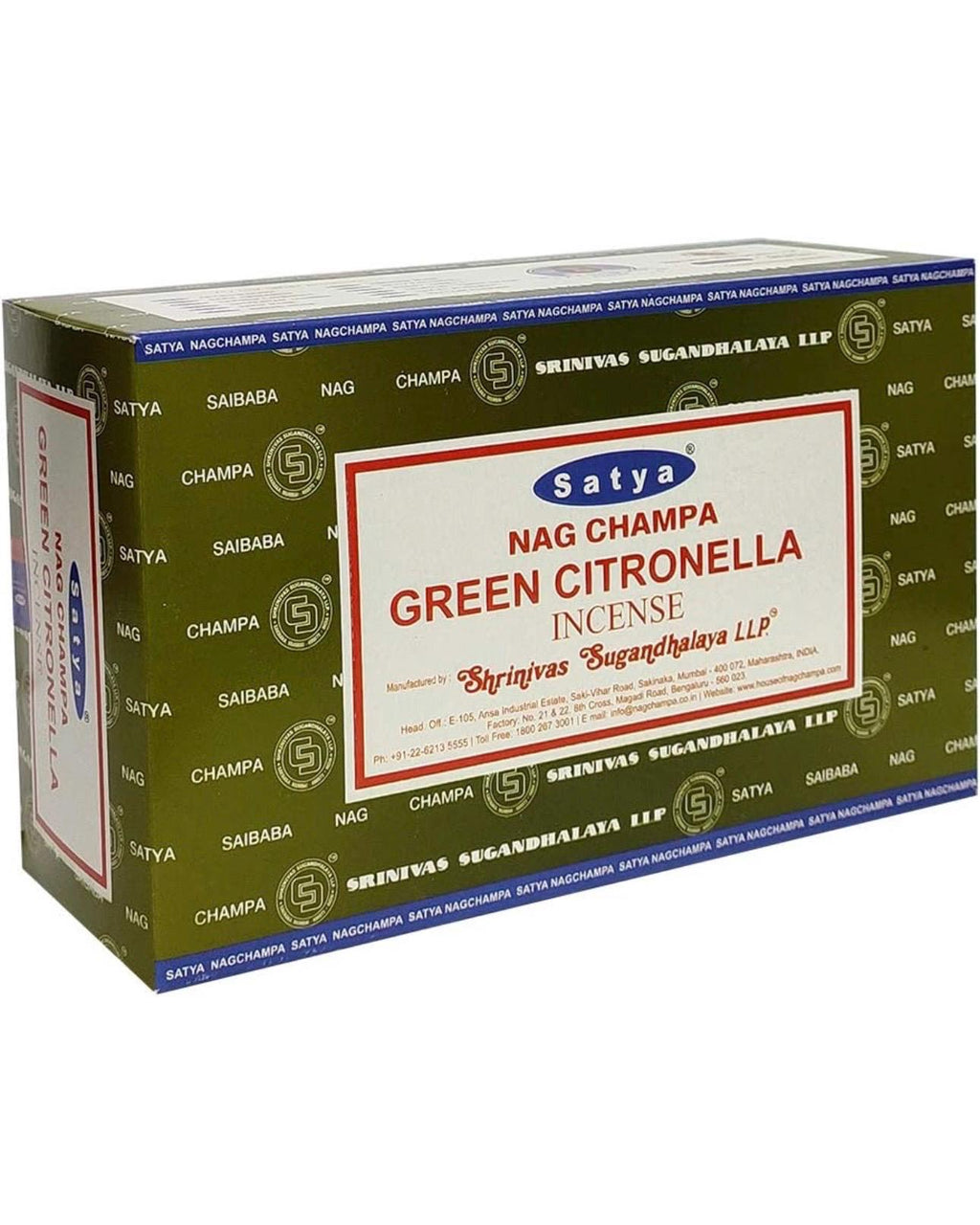 Satya Nag Champa Green Citronella 180 grams. 12 boxes x 15 g per box. Premium Handrolled Incense sticks.