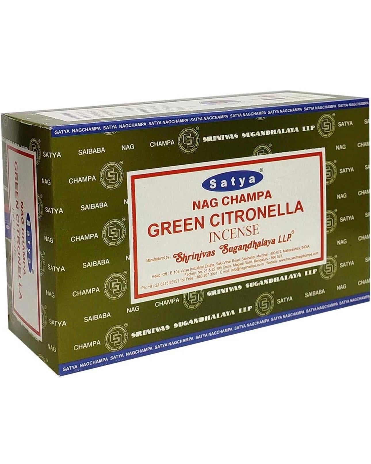 Satya Nag Champa Green Citronella 180 grams. 12 boxes x 15 g per box. Premium Handrolled Incense sticks.