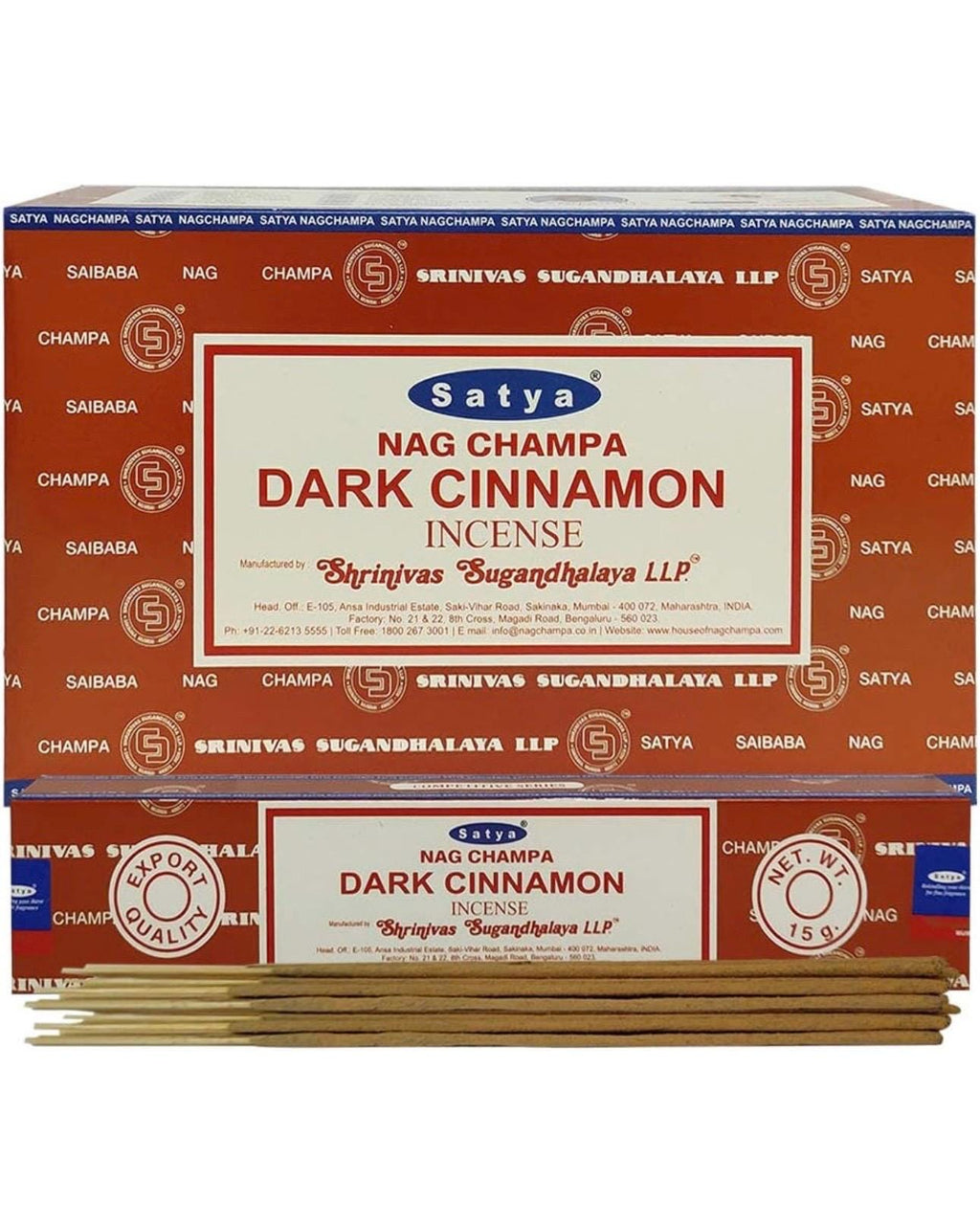 Satya Nag Champa Dark Cinnamon 180 grams. 12 boxes x 15 g per box. Premium Handrolled Incense sticks.