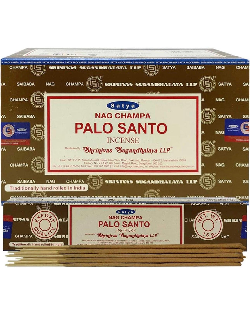 Satya Nag Champa Palo Santo 180 grams. 12 boxes x 15 g per box. Premium Handrolled Incense sticks.