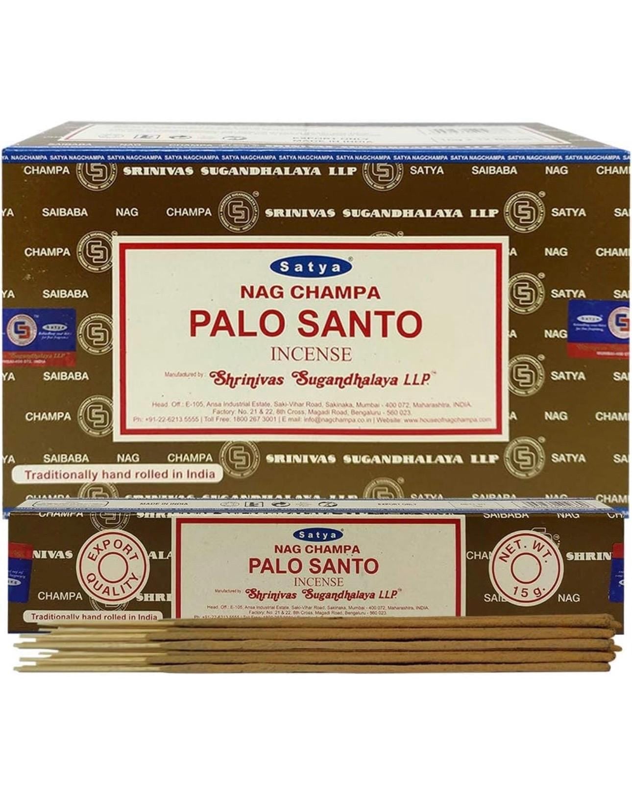 Satya Nag Champa Palo Santo 180 grams. 12 boxes x 15 g per box. Premium Handrolled Incense sticks.