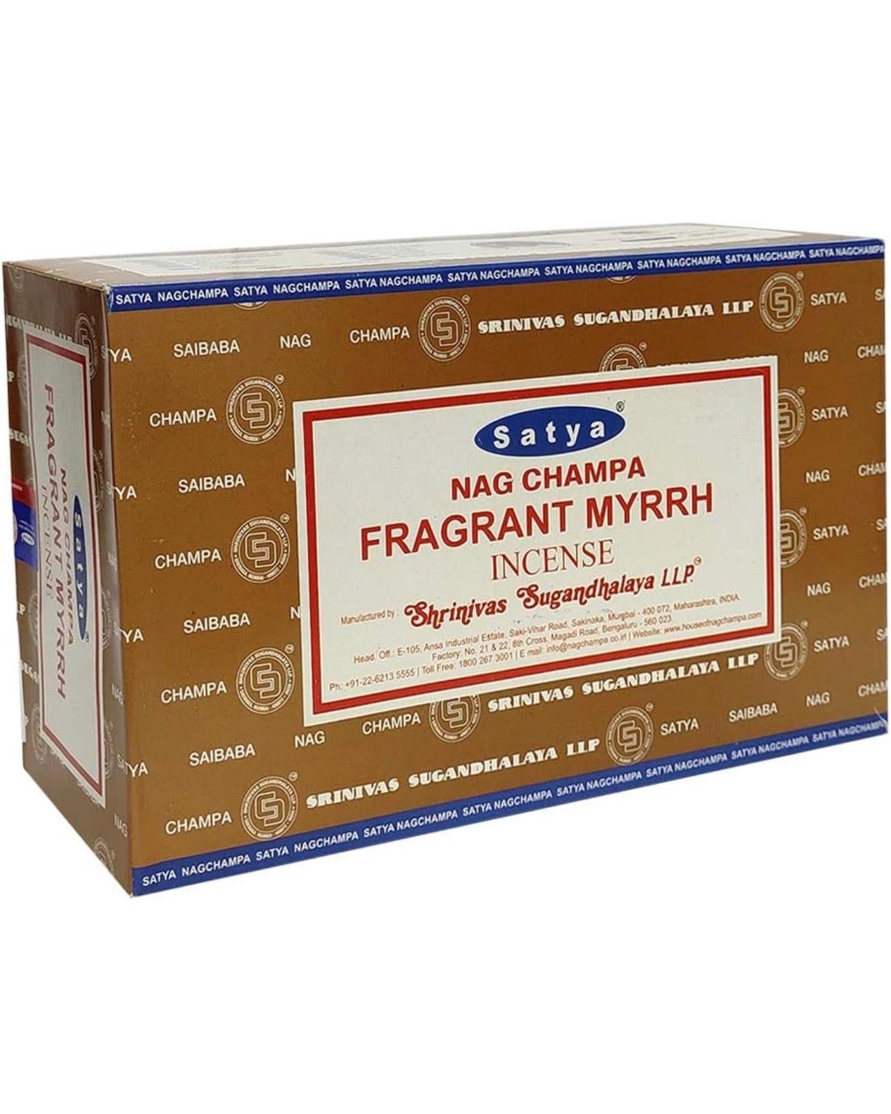 Satya Nag Champa Fragrant Myrrh 180 grams. 12 boxes x 15 g per box. Premium Handrolled Incense sticks.