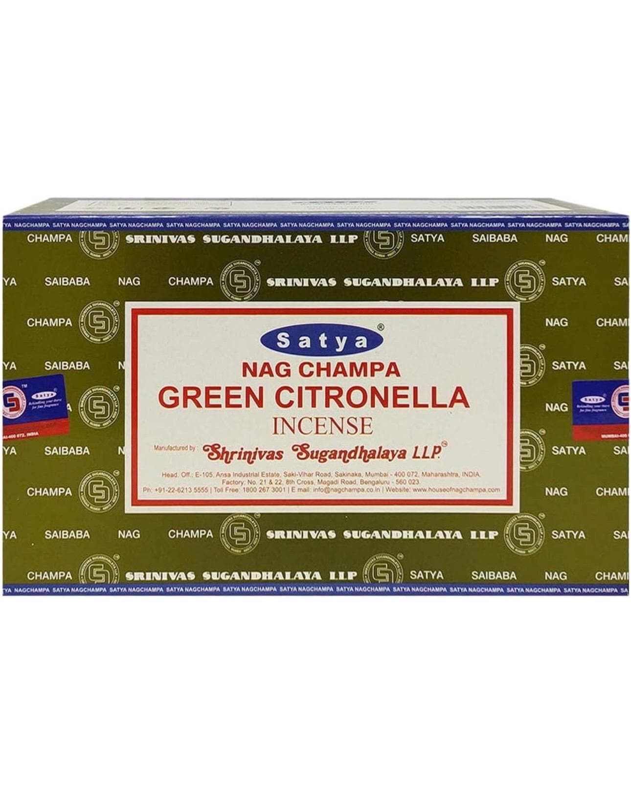 Satya Nag Champa Green Citronella 180 grams. 12 boxes x 15 g per box. Premium Handrolled Incense sticks.