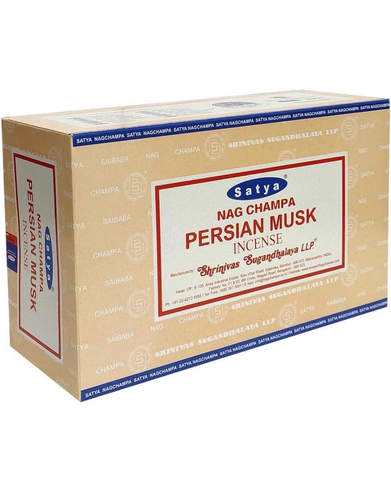 Satya Nag Champa Persian Musk 180 grams. 12 boxes x 15 g per box. Premium Handrolled Incense sticks.