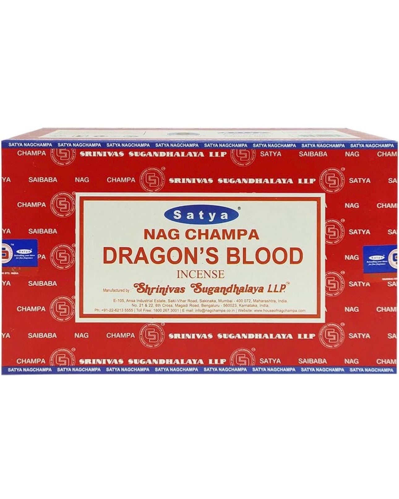 Satya Nag Champa Dragons Blood 180 grams. 12 boxes x 15 g per box. Premium Handmade Incense sticks.