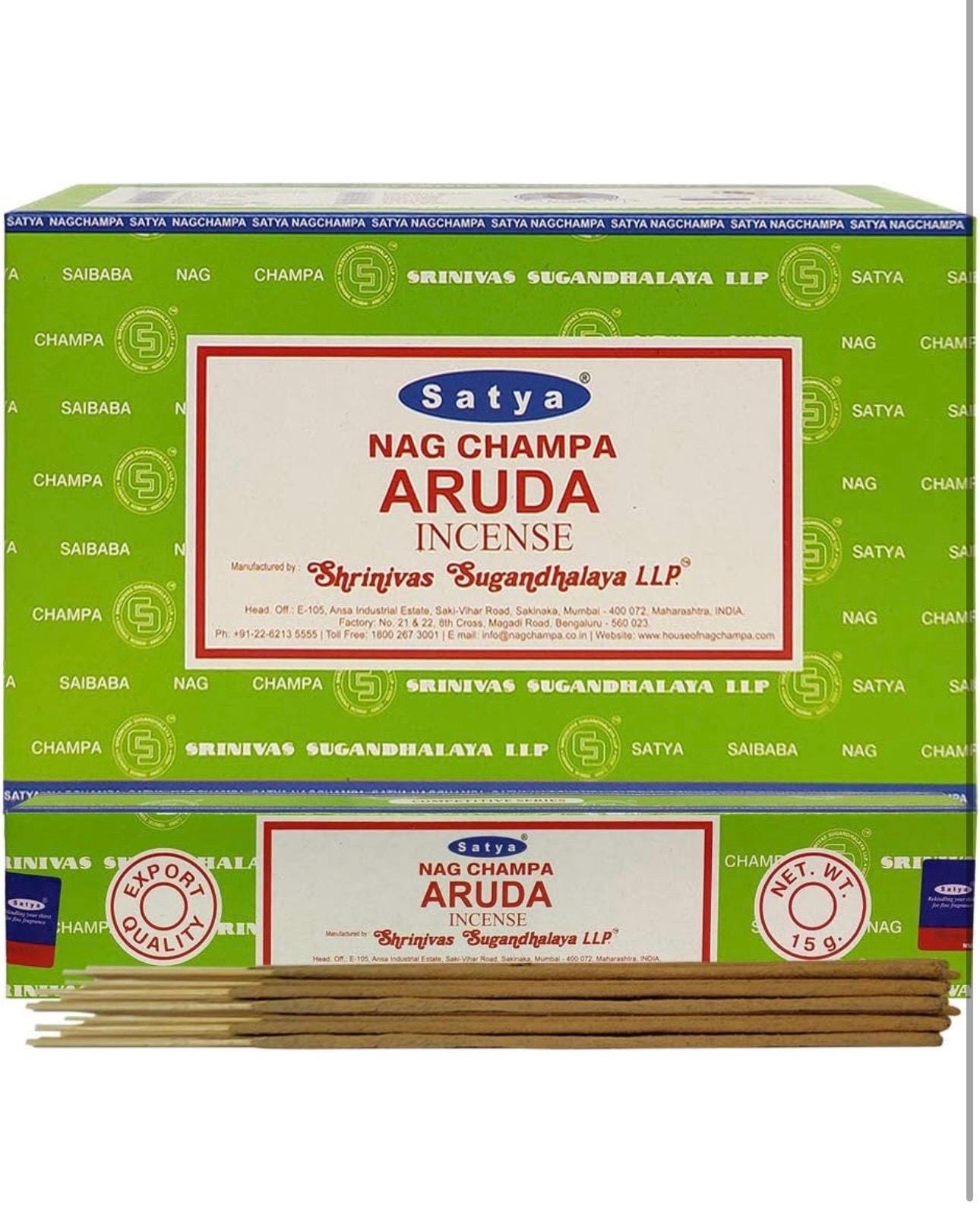 Satya Nag Champa Aruda 180 grams. 12 boxes x 15 g per box. Premium Handrolled Incense sticks.