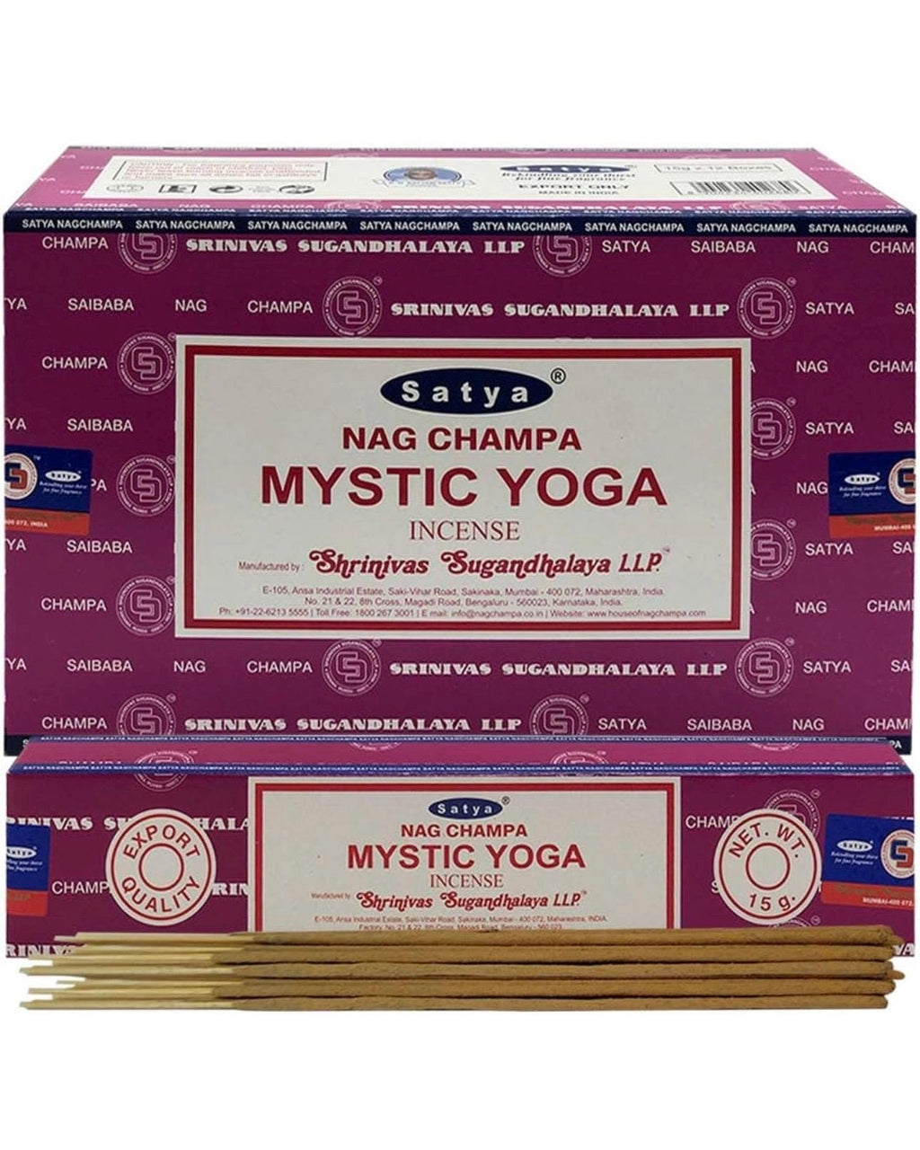 Satya Nag Champa Mystic Yoga 180 grams. 12 boxes x 15 g per box. Premium Handrolled Incense sticks.