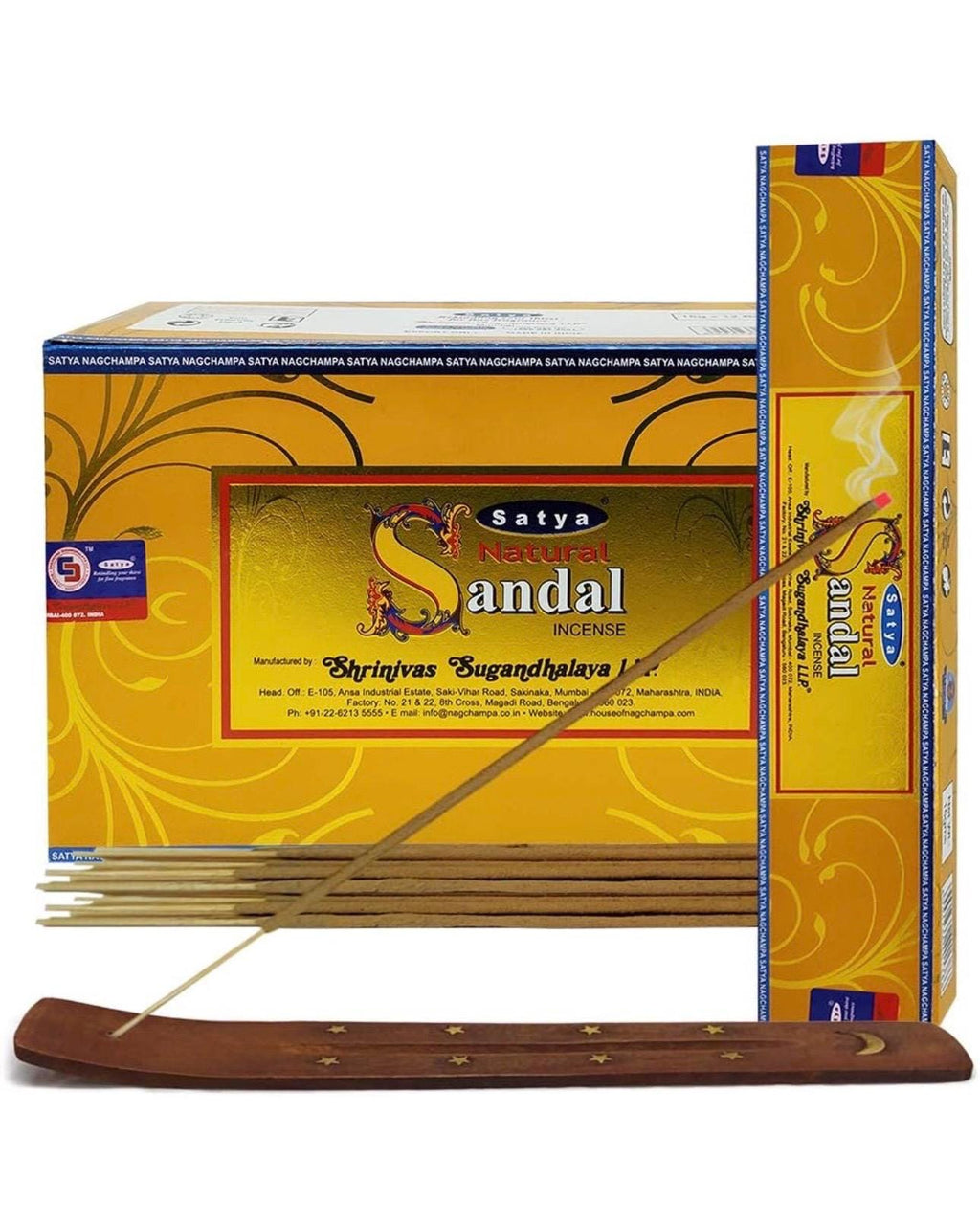 Satya Nag Champa Natural Sandal 180 grams. 12 boxes x 15 g per box. Premium Handrolled Incense sticks.