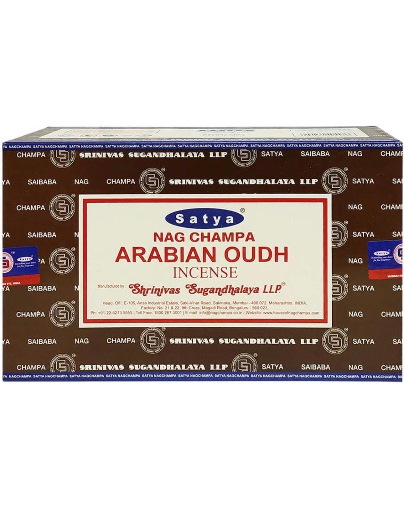 Satya Nag Champa Arabian Oudh 180 grams. 12 boxes x 15 g per box. Premium Handrolled Incense sticks.