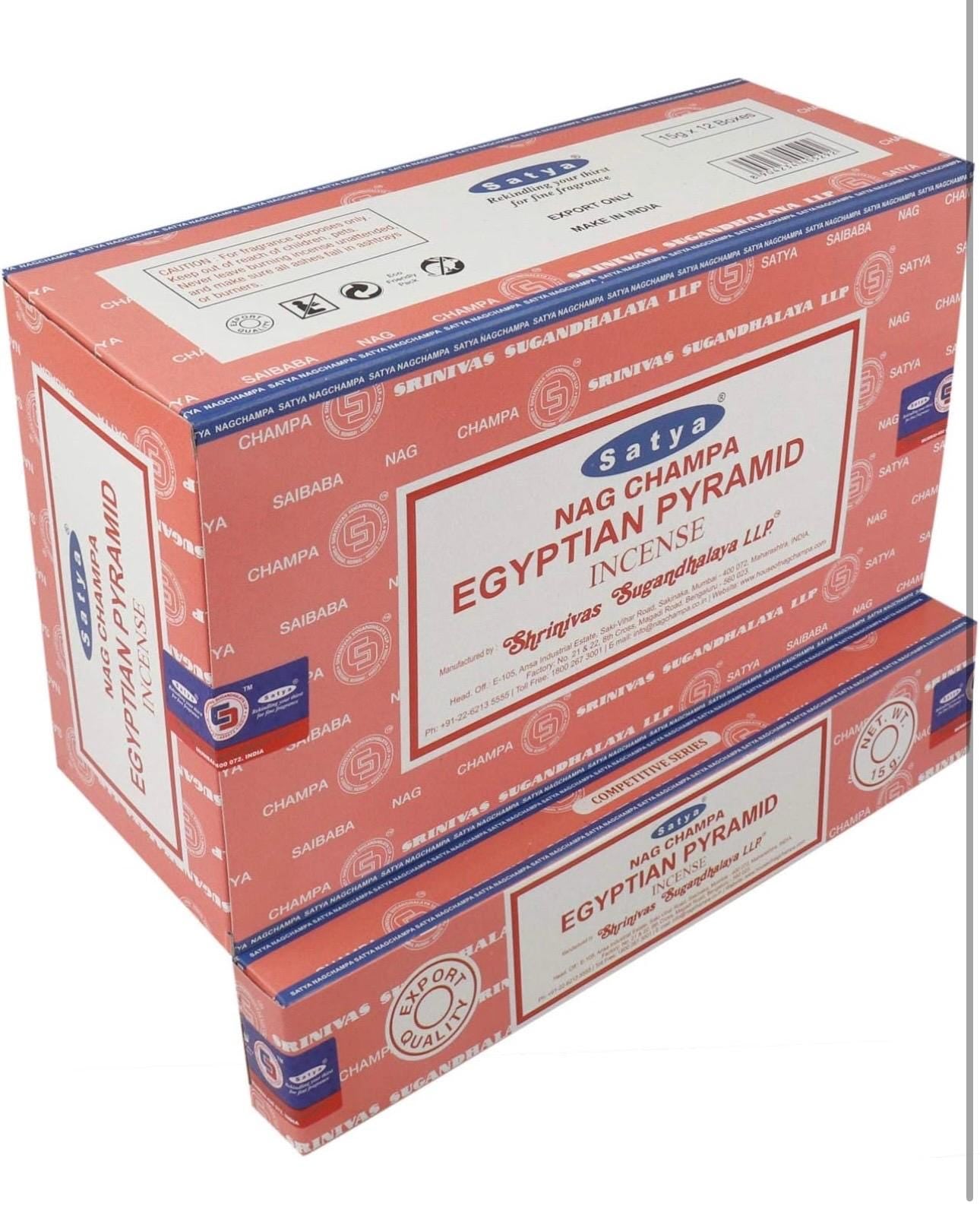 Satya Nag Champa Egyptian Pyramid 180 grams. 12 boxes x 15 g per box. Premium Handrolled Incense sticks.
