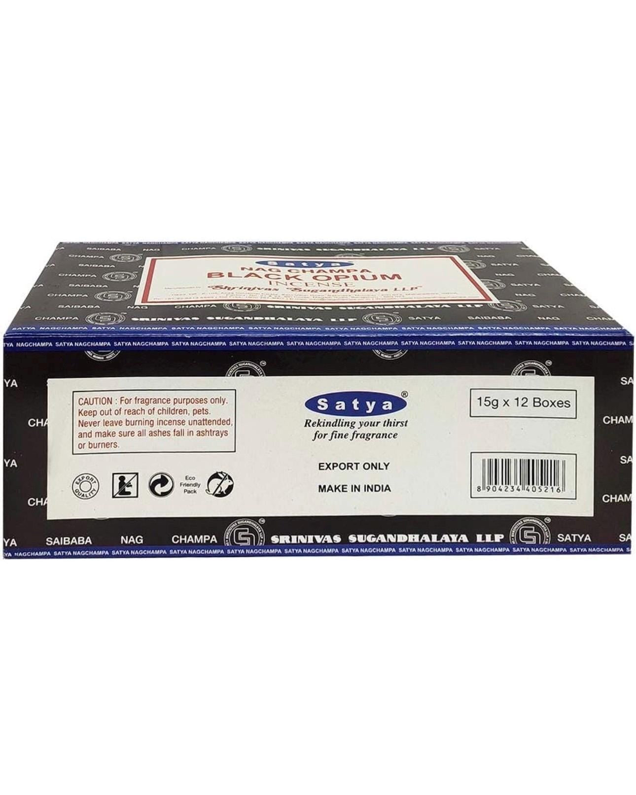 Satya Nag Champa Black Opium 180 grams. 12 boxes x 15 g per box. Premium Handrolled Incense sticks.