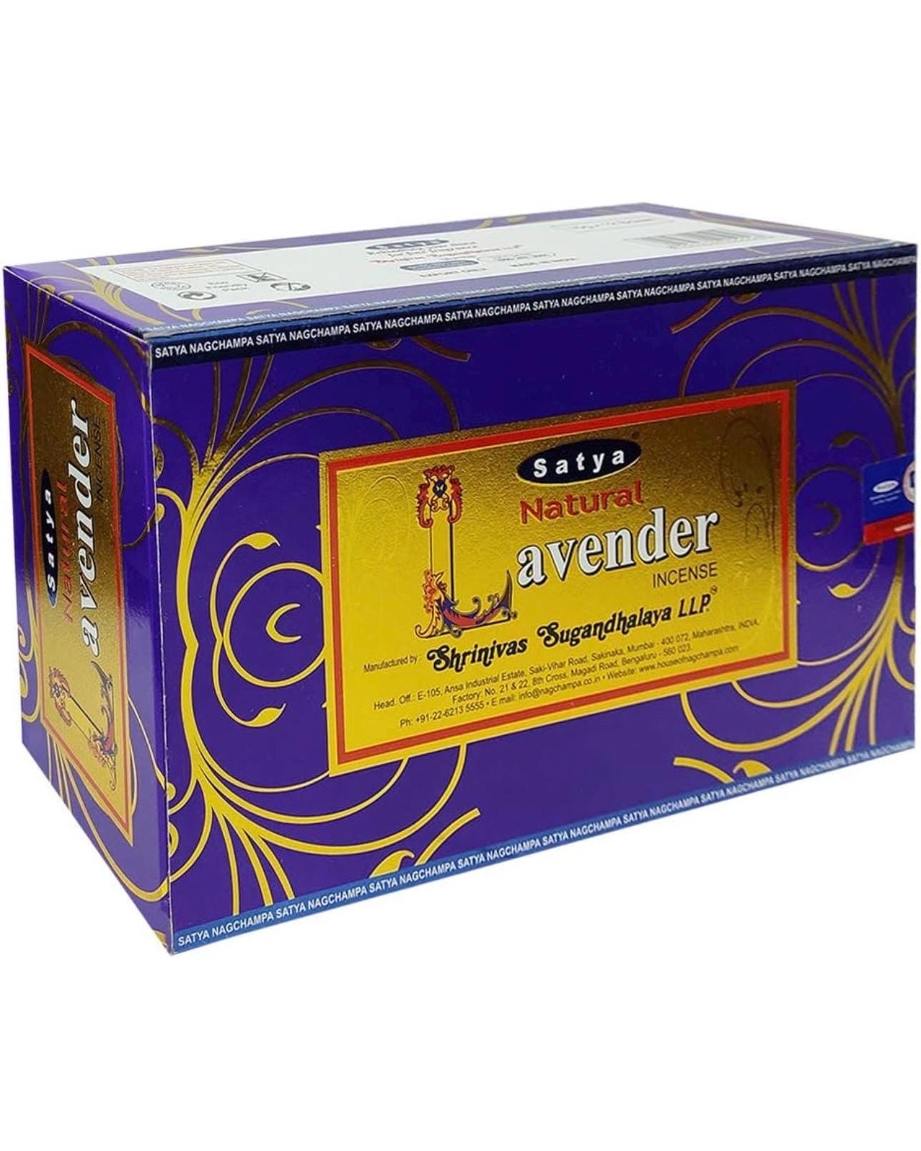 Satya Nag Champa Natural Lavender 180 grams. 12 boxes x 15 g per box. Premium Handrolled Incense sticks.