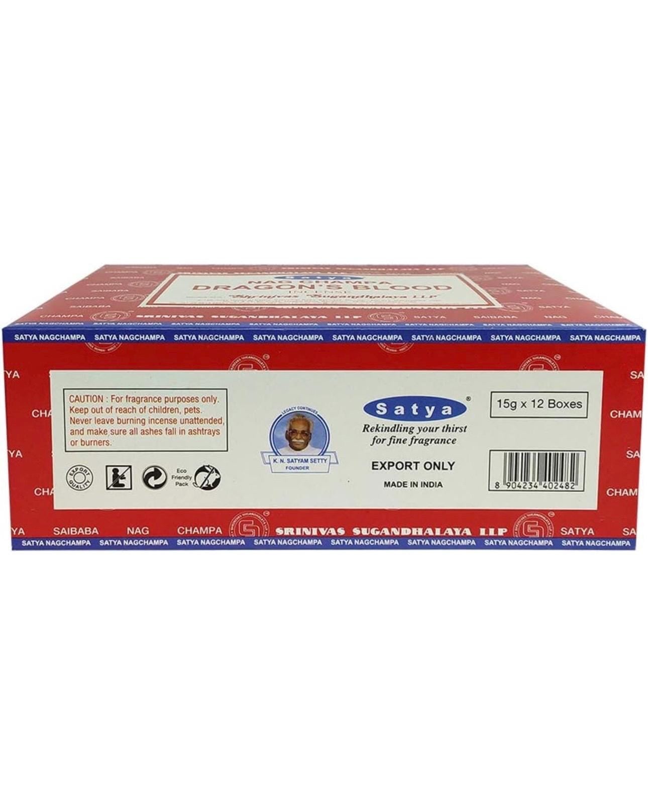 Satya Nag Champa Dragons Blood 180 grams. 12 boxes x 15 g per box. Premium Handmade Incense sticks.