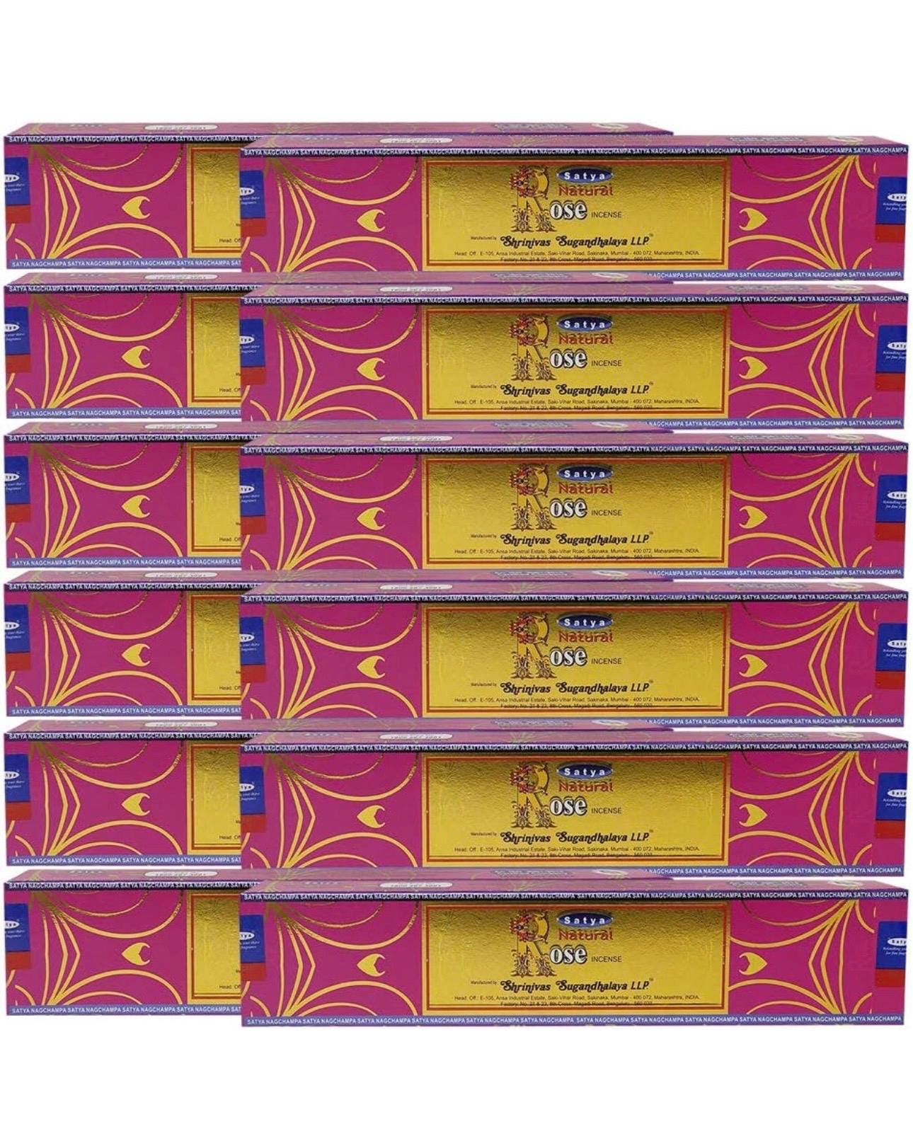 Satya Nag Champa Natural Rose 180 grams. 12 boxes x 15 g per box. Premium Handrolled Incense sticks.