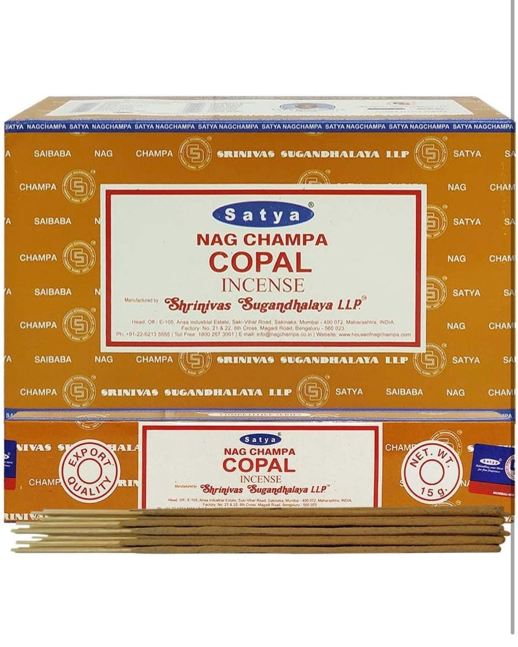 Satya Nag Champa Copal 180 grams. 12 boxes x 15 g per box. Premium Handrolled Incense sticks.