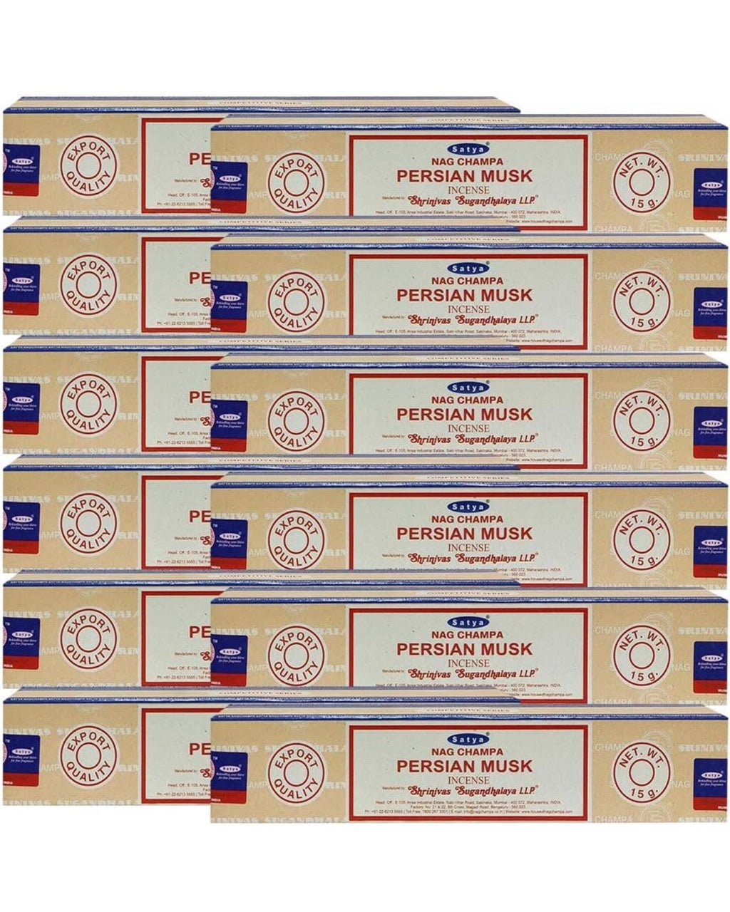 Satya Nag Champa Persian Musk 180 grams. 12 boxes x 15 g per box. Premium Handrolled Incense sticks.