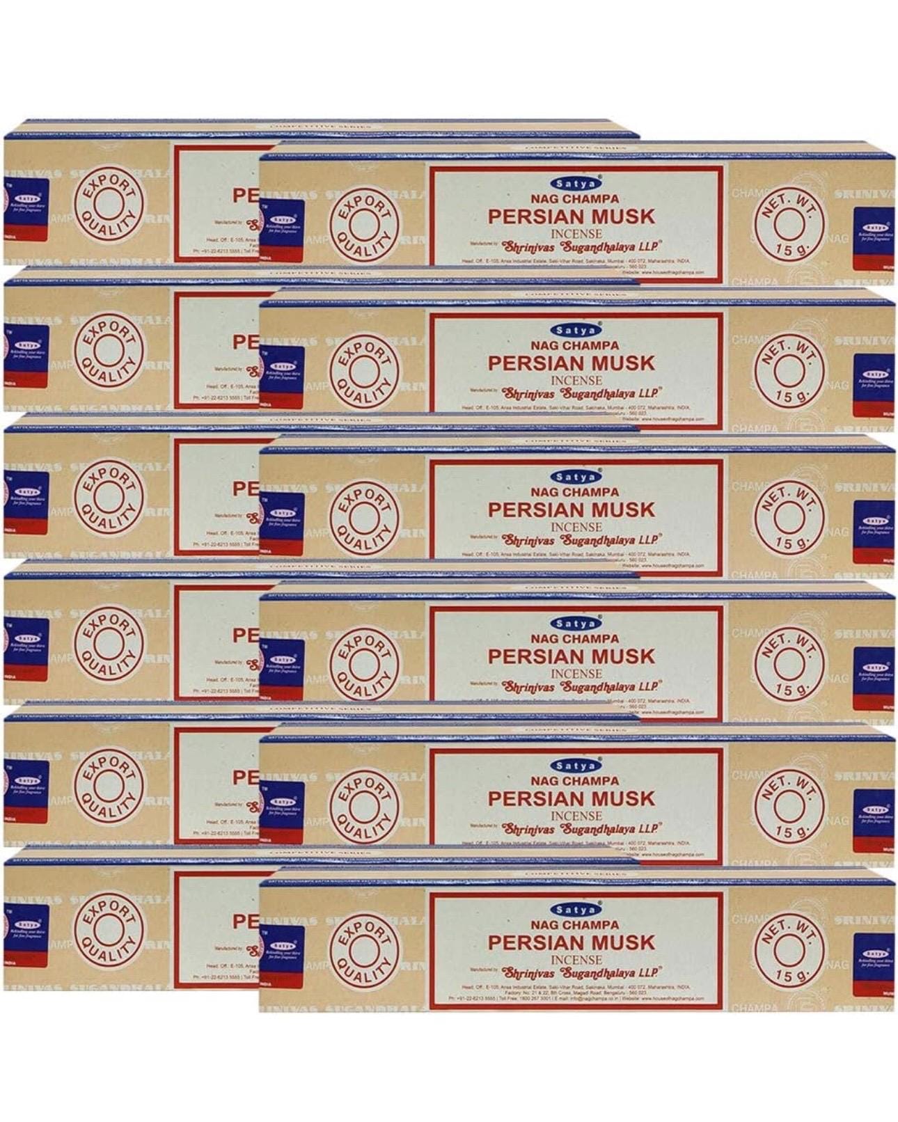 Satya Nag Champa Persian Musk 180 grams. 12 boxes x 15 g per box. Premium Handrolled Incense sticks.