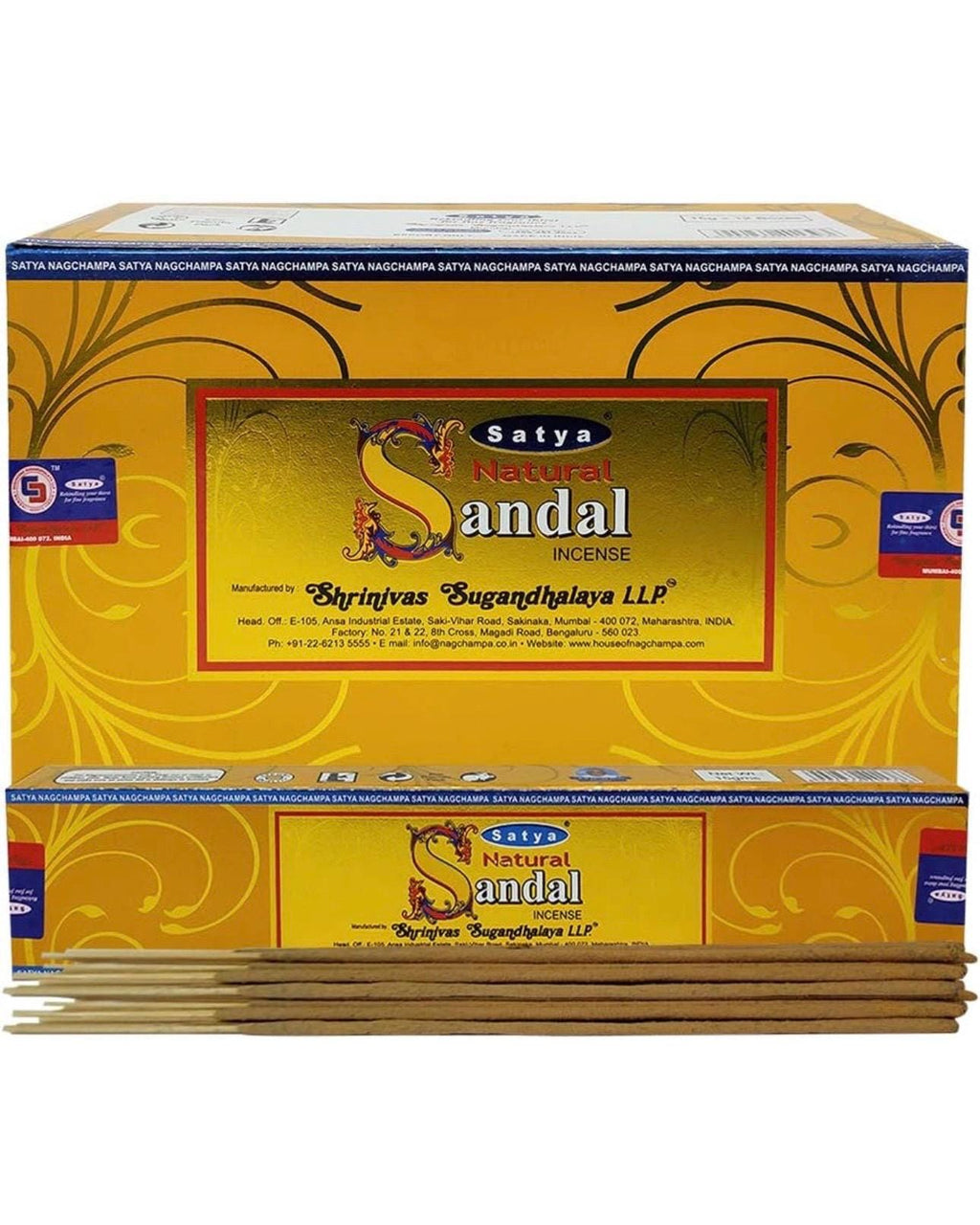 Satya Nag Champa Natural Sandal 180 grams. 12 boxes x 15 g per box. Premium Handrolled Incense sticks.