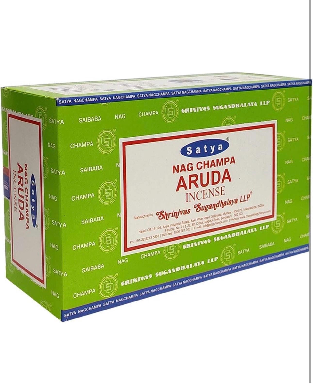 Satya Nag Champa Aruda 180 grams. 12 boxes x 15 g per box. Premium Handrolled Incense sticks.