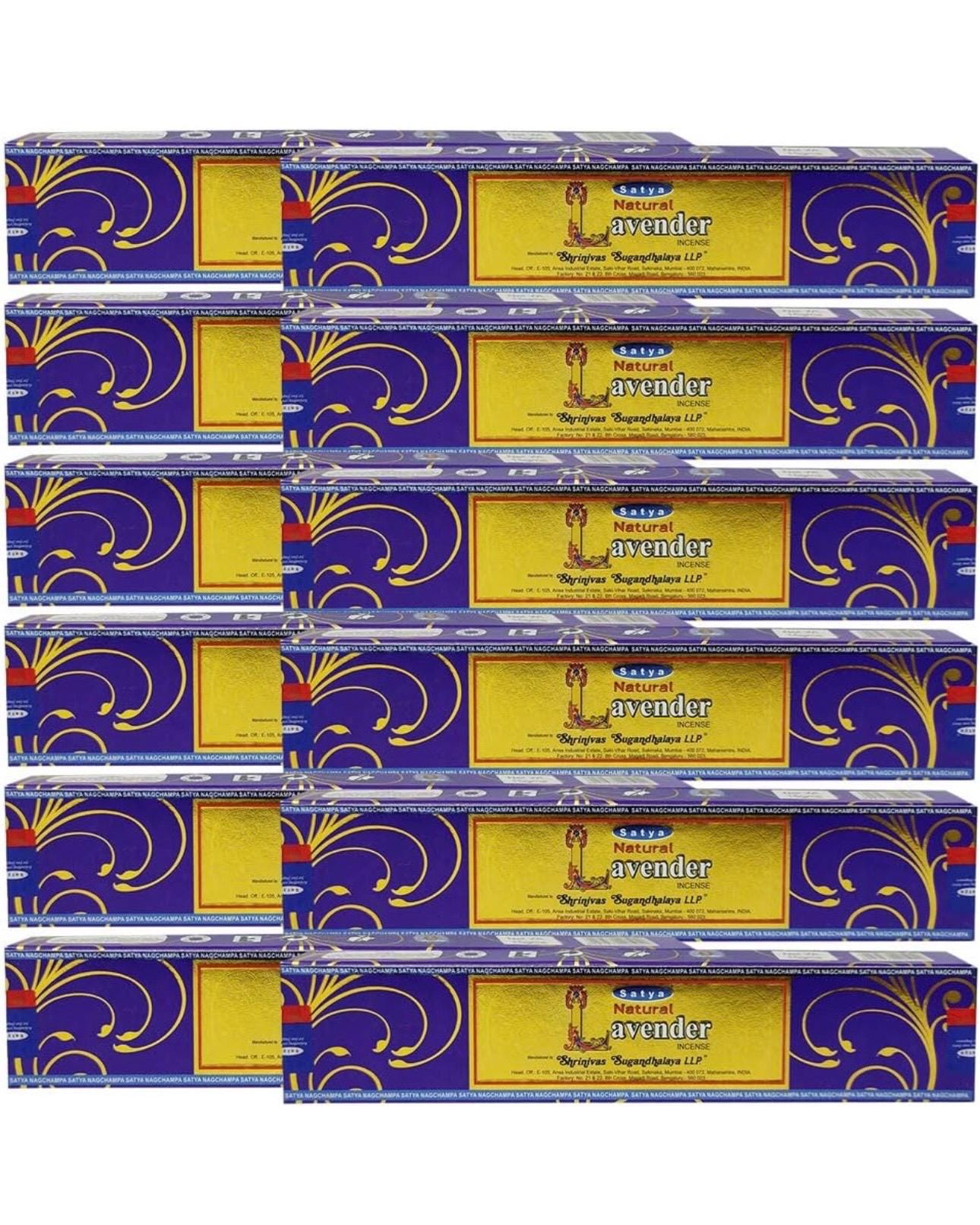 Satya Nag Champa Natural Lavender 180 grams. 12 boxes x 15 g per box. Premium Handrolled Incense sticks.