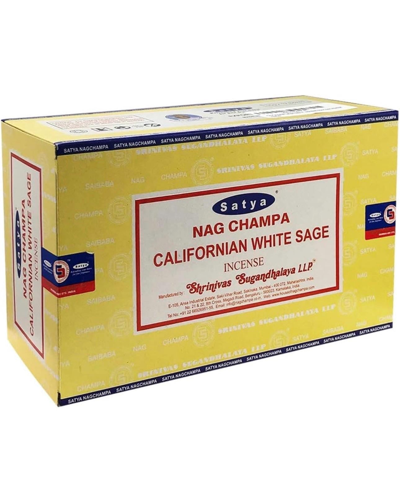 Satya Nag Champa California White Sage 180 grams. 12 boxes x 15 g per box. Premium Handrolled Incense sticks.