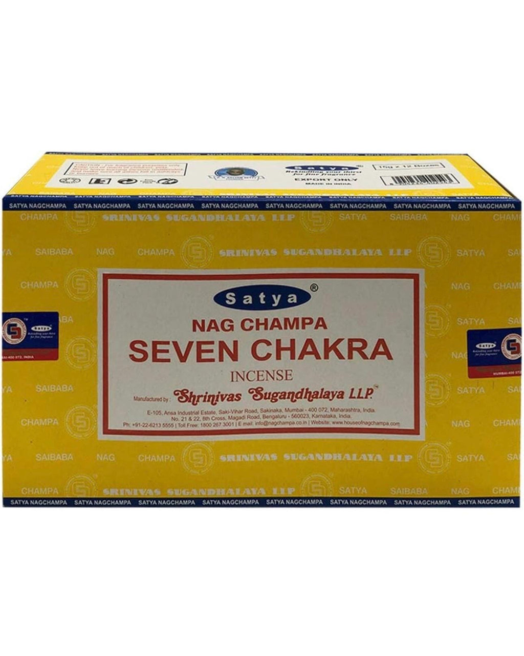 Satya Nag Champa Seven Chakra 180 grams. 12 boxes x 15 g per box. Premium Handrolled Incense sticks.