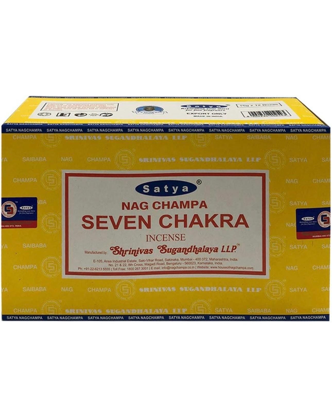 Satya Nag Champa Seven Chakra 180 grams. 12 boxes x 15 g per box. Premium Handrolled Incense sticks.