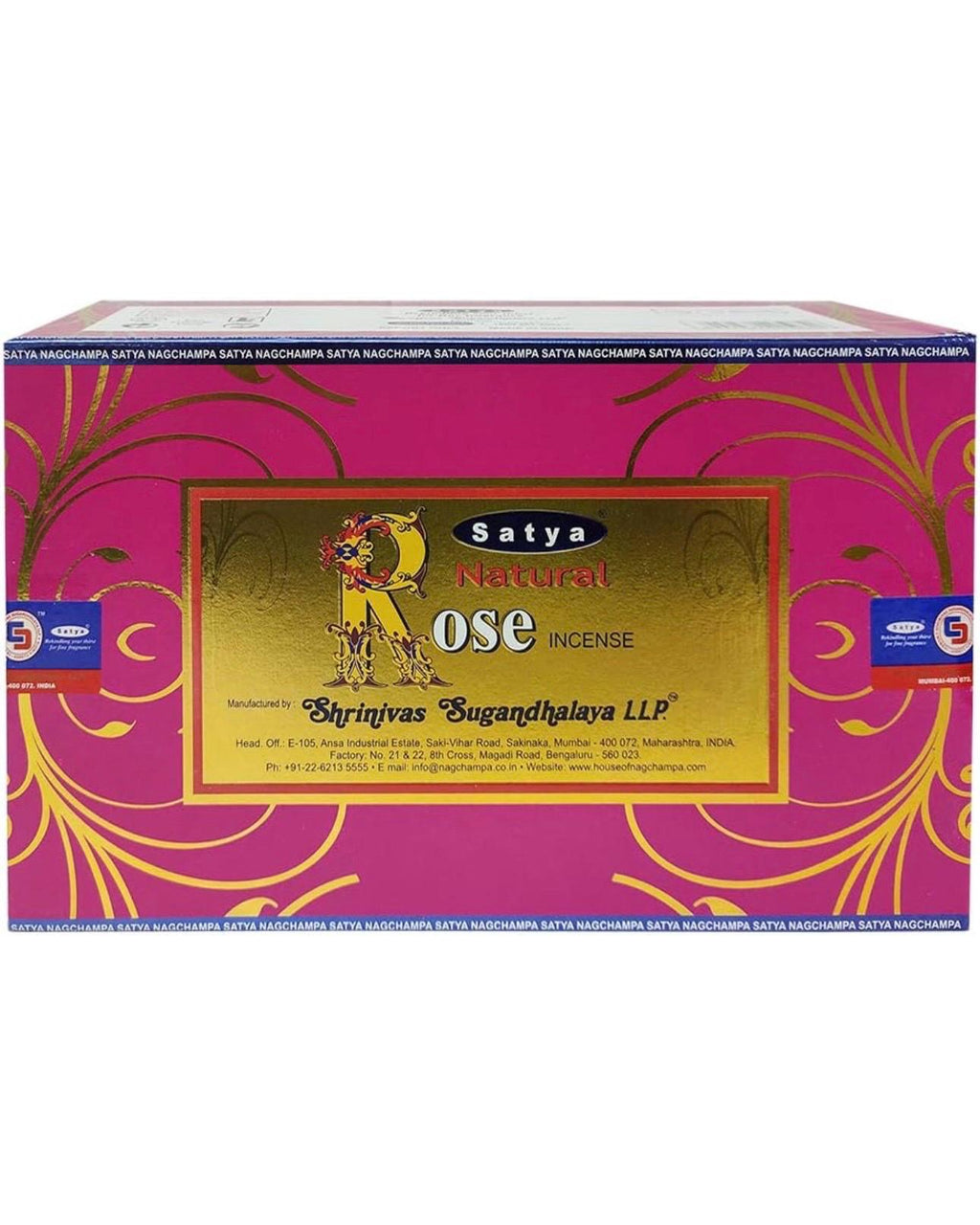 Satya Nag Champa Natural Rose 180 grams. 12 boxes x 15 g per box. Premium Handrolled Incense sticks.