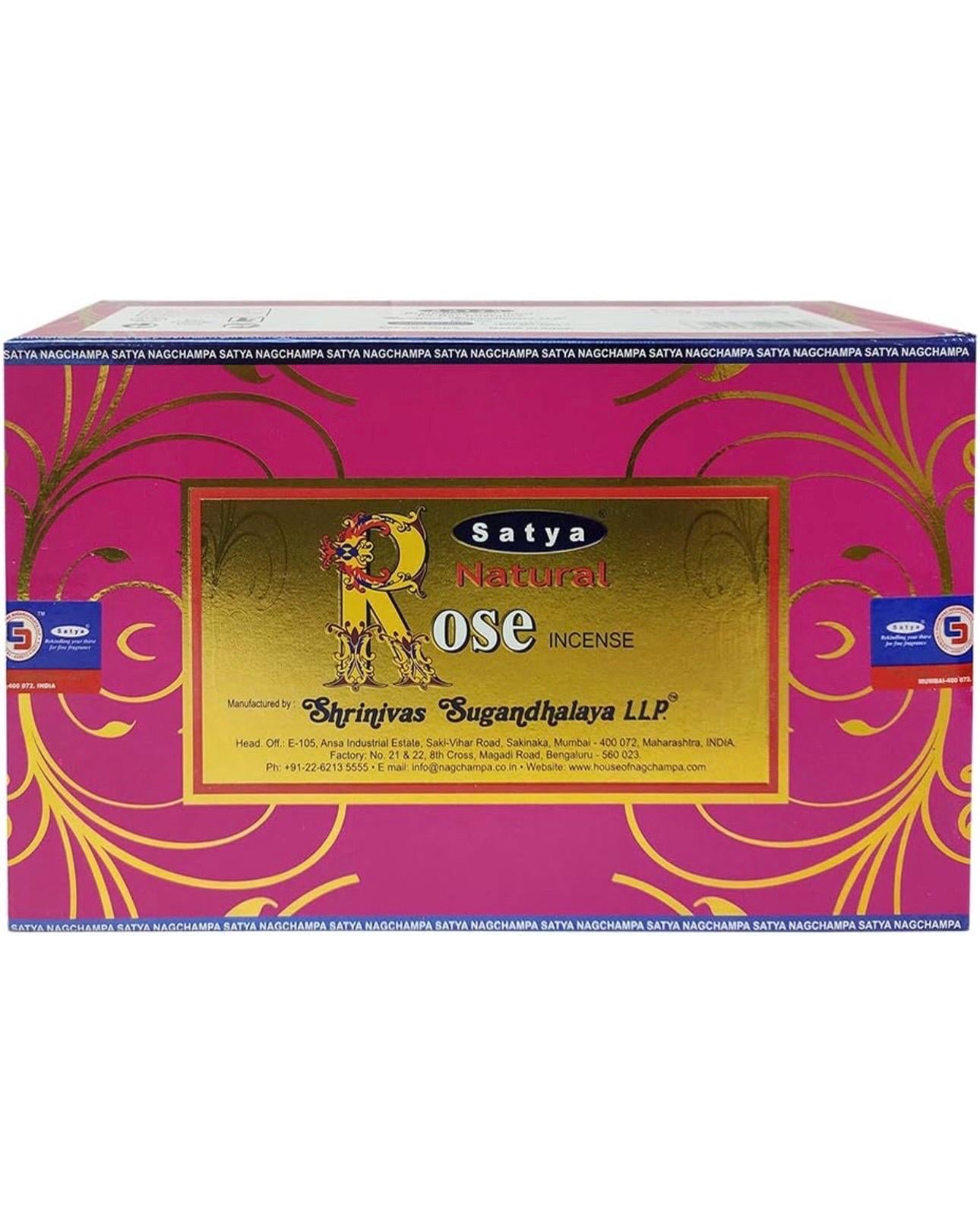 Satya Nag Champa Natural Rose 180 grams. 12 boxes x 15 g per box. Premium Handrolled Incense sticks.