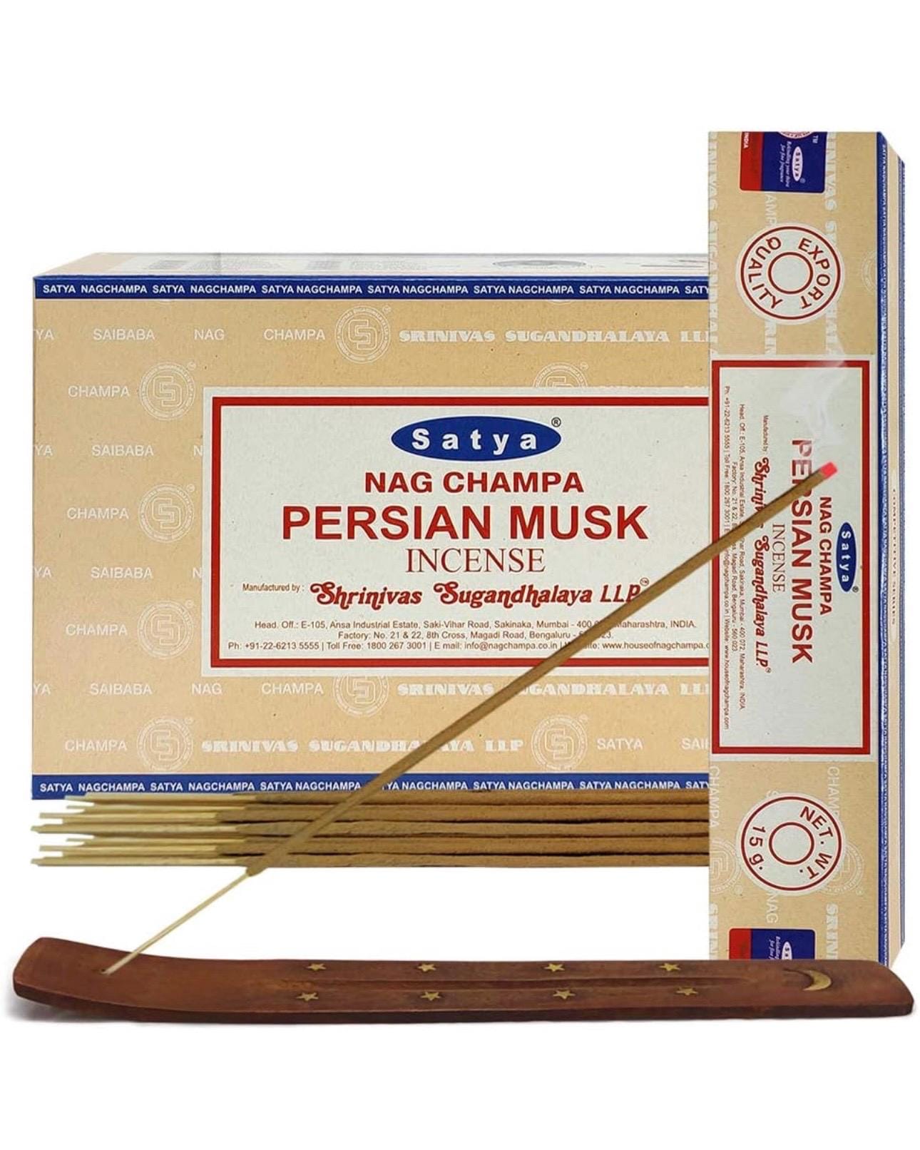 Satya Nag Champa Persian Musk 180 grams. 12 boxes x 15 g per box. Premium Handrolled Incense sticks.